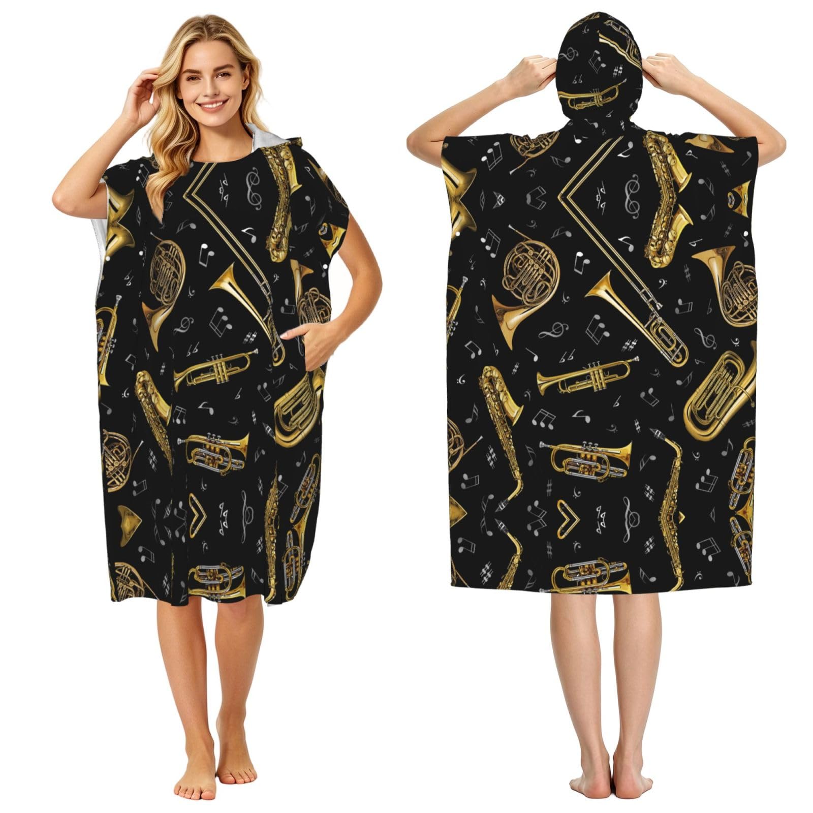 ESNAIUVCD Musical Instruments Print Changing Robe, Hooded Towel Poncho For Swimming Pool, Beach,Quick Dry & Light Weight Towelling Poncho For Adults Women Men