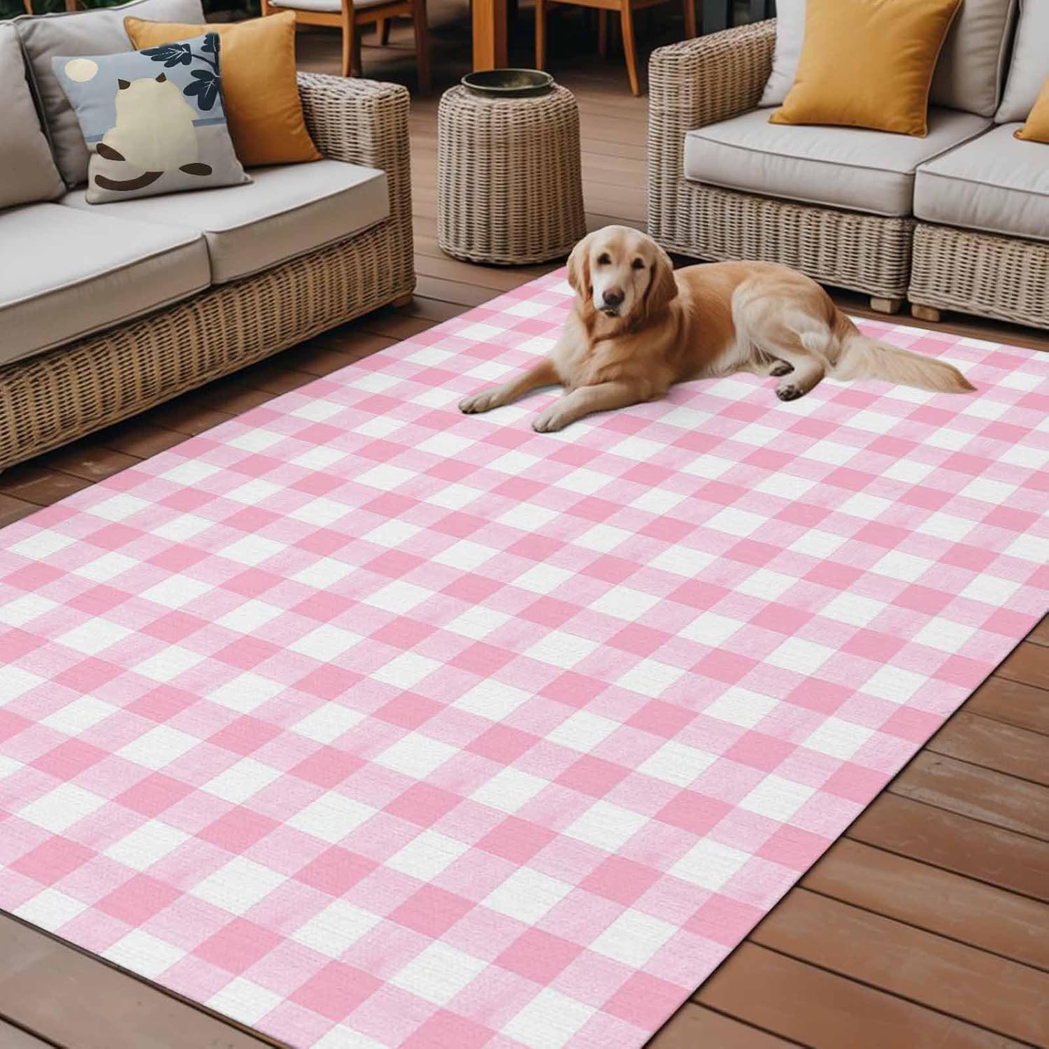 Outdoor Rug 4x6 ft Pink Buffalo Plaid Outdoor Large Area Rug Non Slip Rubber Pastoral Checkered Front Door Mat RV Rug Camping Carpet Patio Outdoor Rugs for Backyard Balcony Deck Porch Indoor Outside
