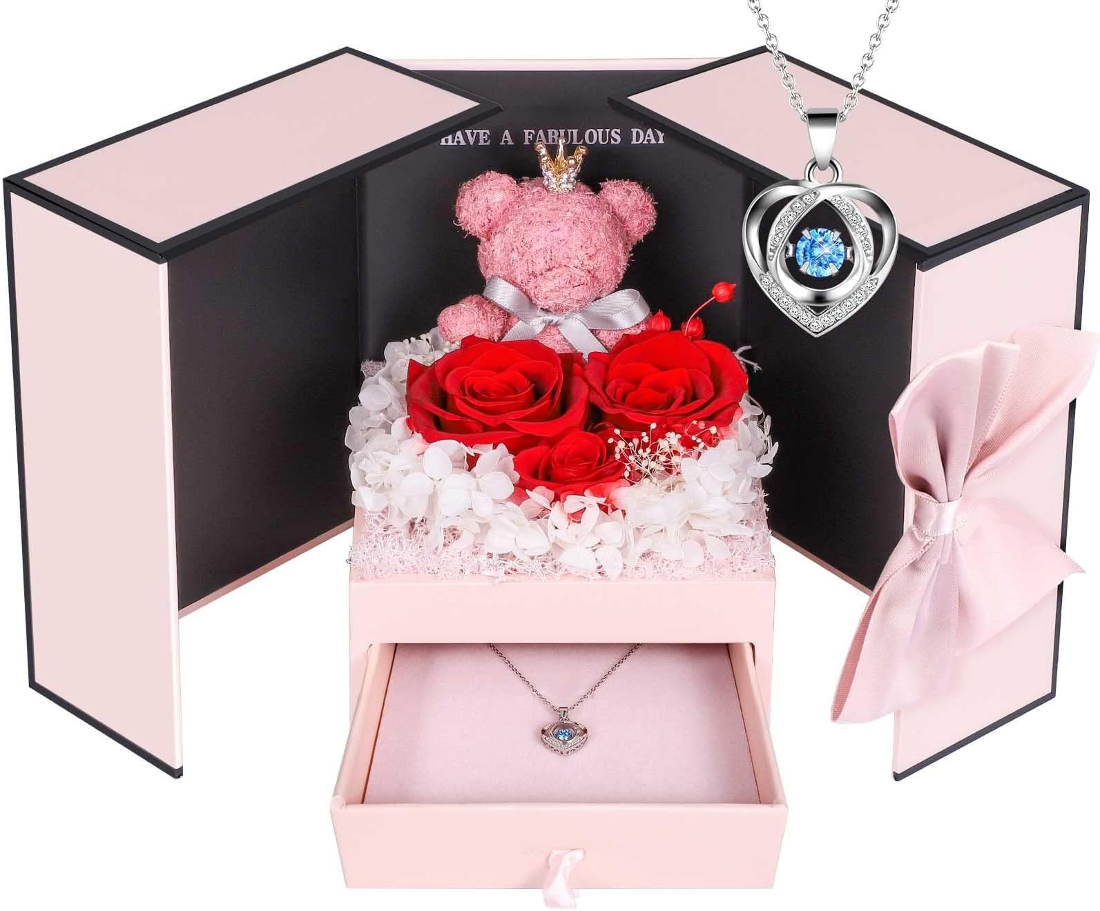 Eternal Rose with Gift Box, Romantic Roses Gifts for Her, Preserved Roses Forever Flowers with Sterling Silver Necklace for Mom Wife Girlfriend on Birthday Anniversary Mothers Day Christmas