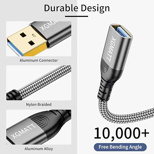 Miniatura 2 de Cable de extensión USB 3.0 de 10 pies + 10 pies, paquete de 2 unidades, cable de extensión USB de sincronización de datos de 5 Gbps USB tipo A macho