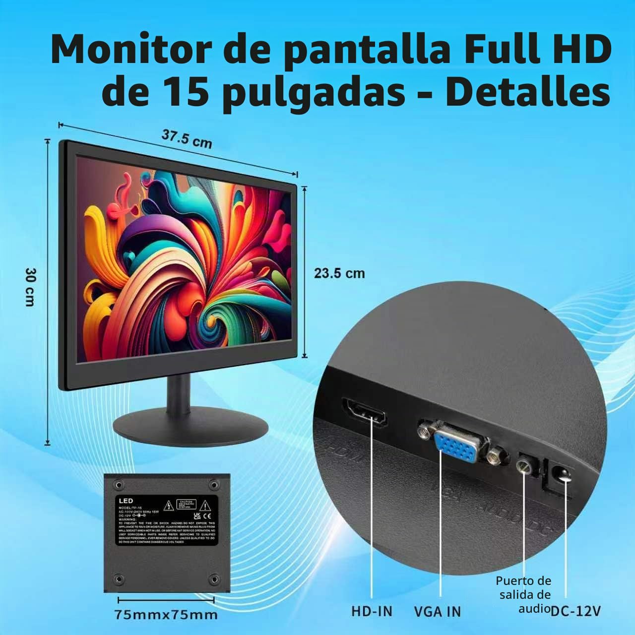 KCR Monitor led 15 Pulgadas, Monitor FHD1920 * 1080, con entradas HDMI y VGA, Altavoces incorporados, Tiempo de Respuesta de 5 ms, Montaje VESA