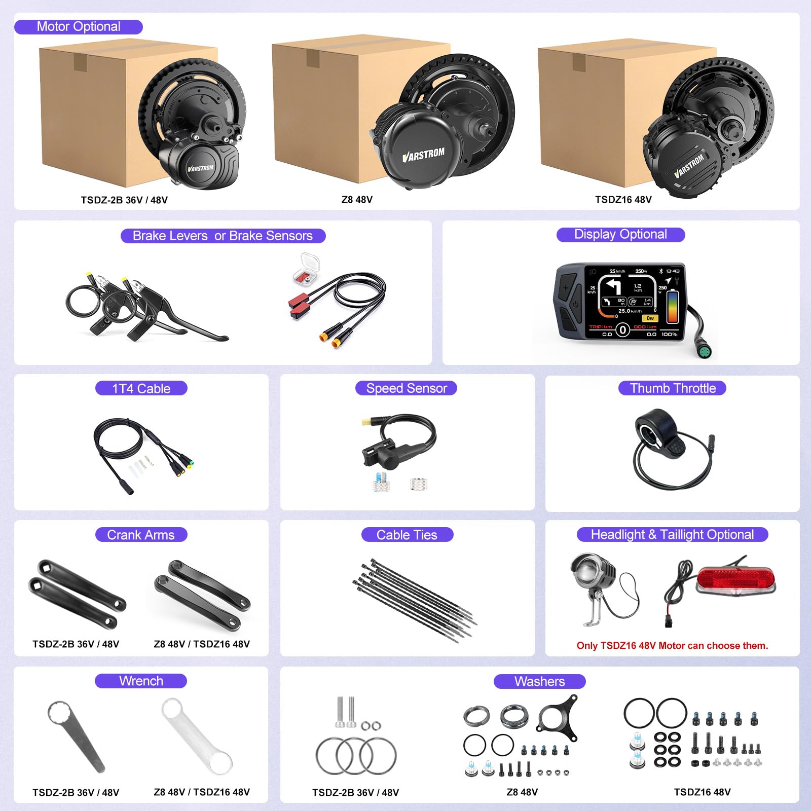 E-Bike Umbausatz TSDZ-2B Z8 TSDZ16 Mittelmotor 36V 48V 250W – E Bike Conversion Kit mit optionalem Akku & Display – Leistungsstarker Mittelmotor für MTB Citybike für 68–73mm Tretlager