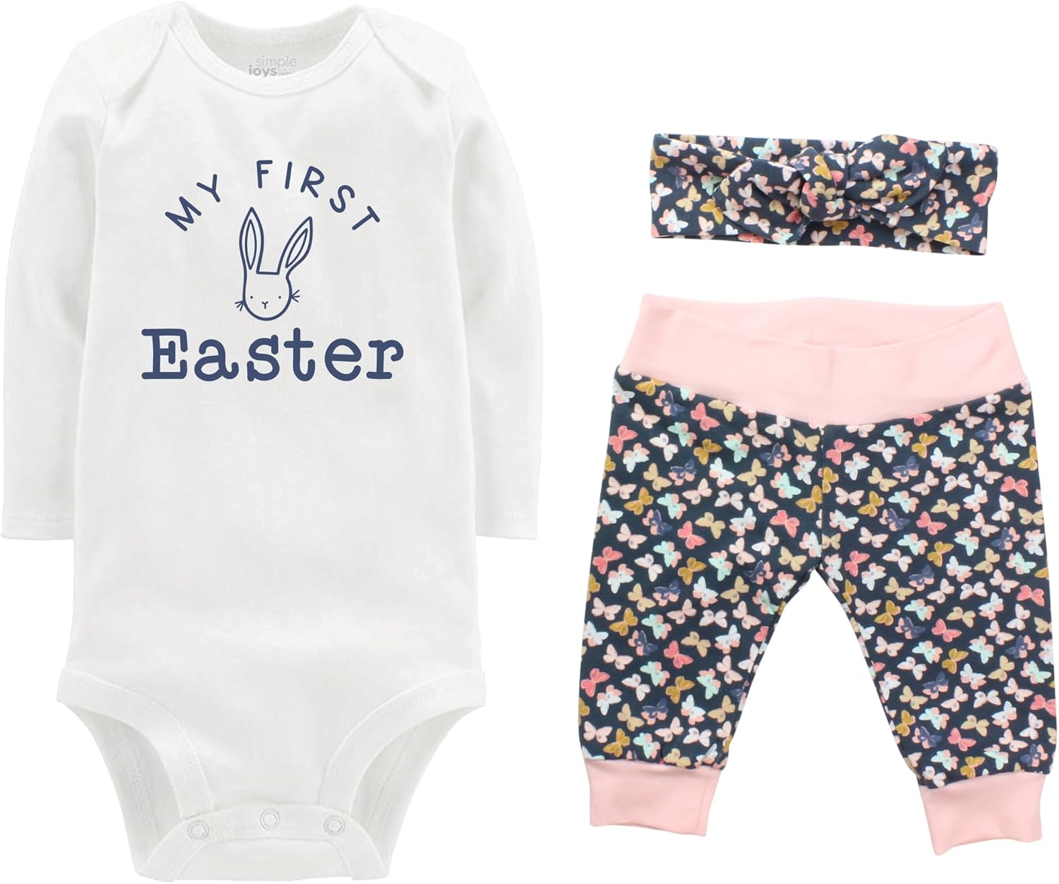 My First Easter Bunny Personalized Girl Baby Dusty Blue Moth Bunny Coming Home Outfit - Bodysuit, Yoga Pant, Headband
