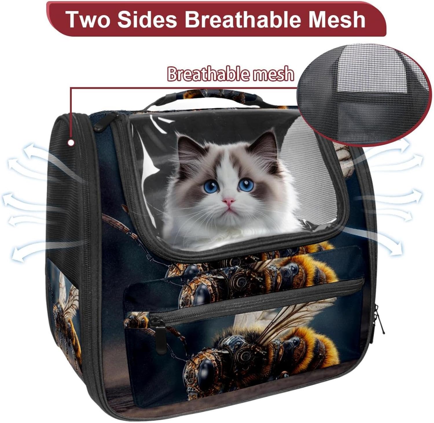 Portable Travel pet Backpack Carrier Hamster Bag Small Dog cat Carrier Breathable Hang Bag, Bee (26)