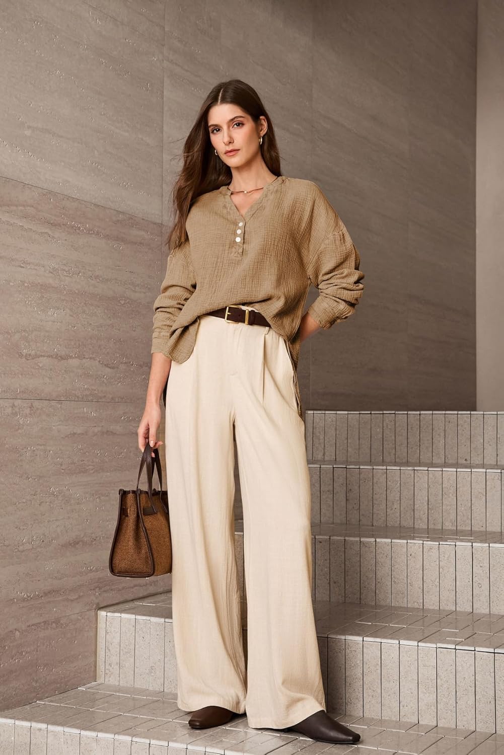 Dokotoo Womens Casual Button V Neck Long Sleeve Shirts Oversized Solid Blouses Tops - Image 6