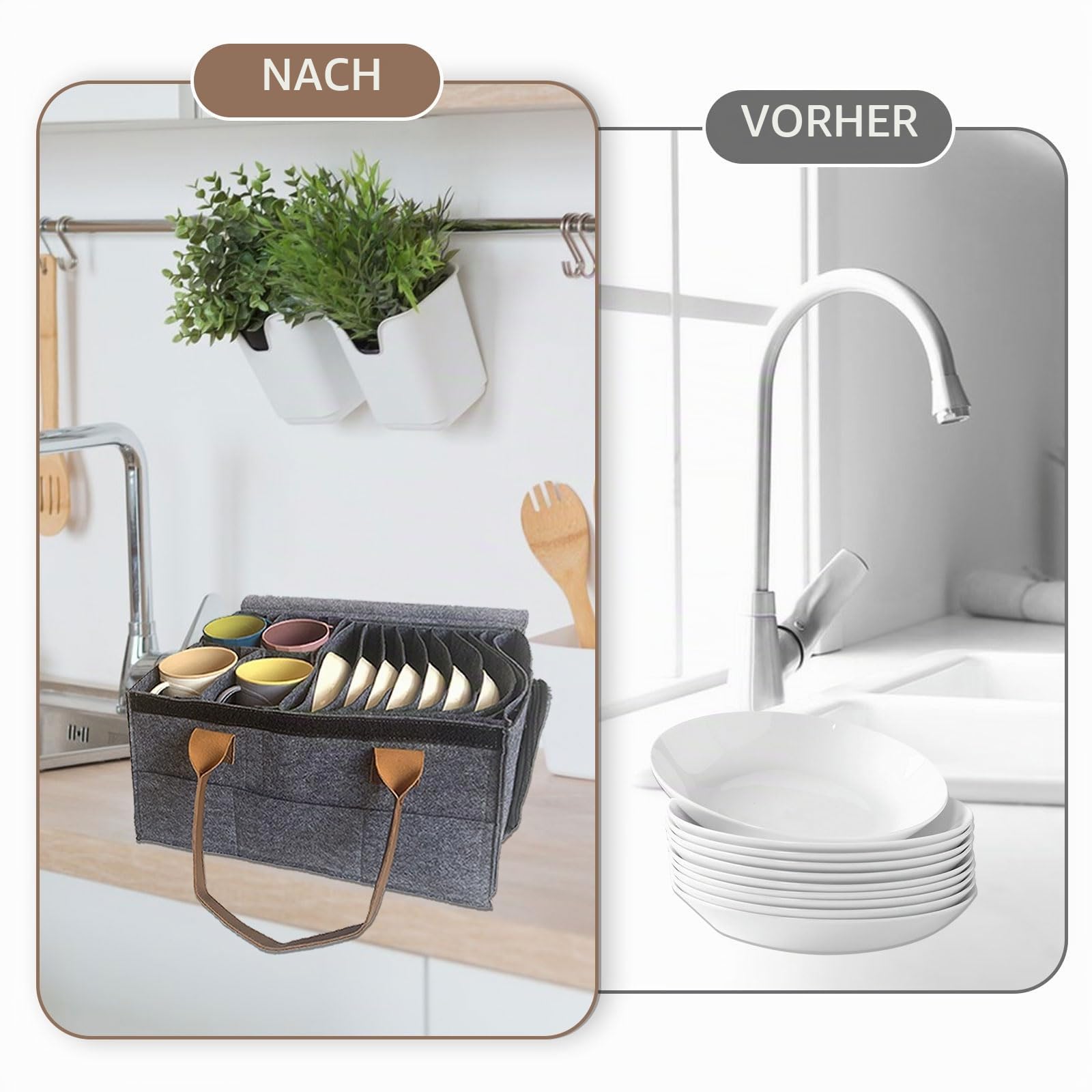 Wohnmobil Tellerhalter Filz, Camping Geschirr Aufbewahrung für 8 Teller 4 Tasse, mit bis zu ⌀27cm, Caravan Tassenhalter, Bestecktasche Camping, Filztasche mit Trennwand für Wohnmobil Küche Schrank