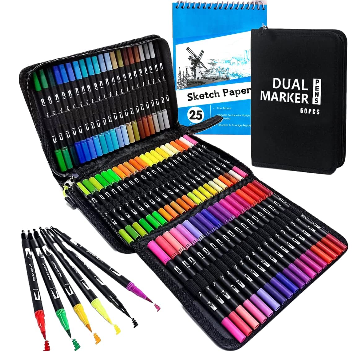 Wynhard Dual Tip Markers Brush Pens Art Markers Set with A5 Sketch Book