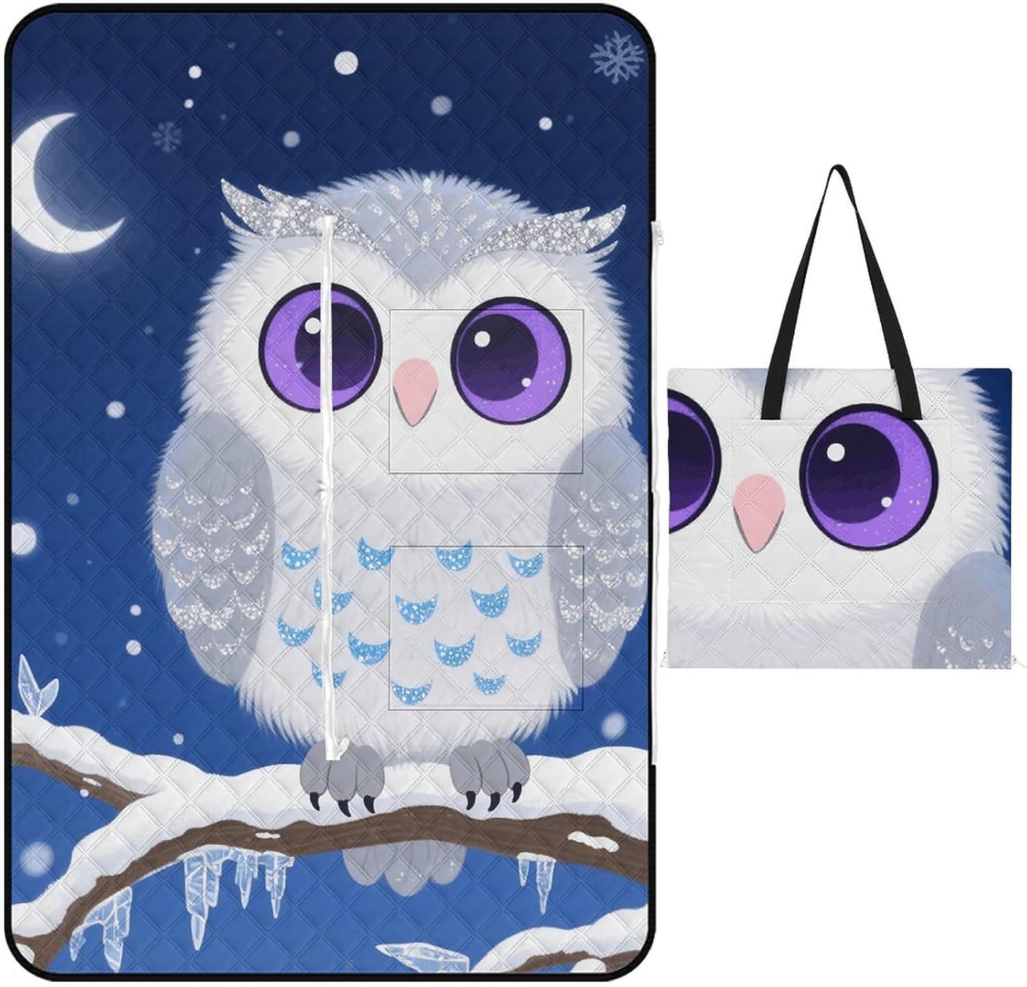 Cute Owl Picnic Blanket 200x200cm, Foldable 2-in-1 Picnic Mat and Tote Bag Portable Waterproof Beach Mat Sandproof Outdoor Blanket for Park, Hiking, Beach, Camping, Travel