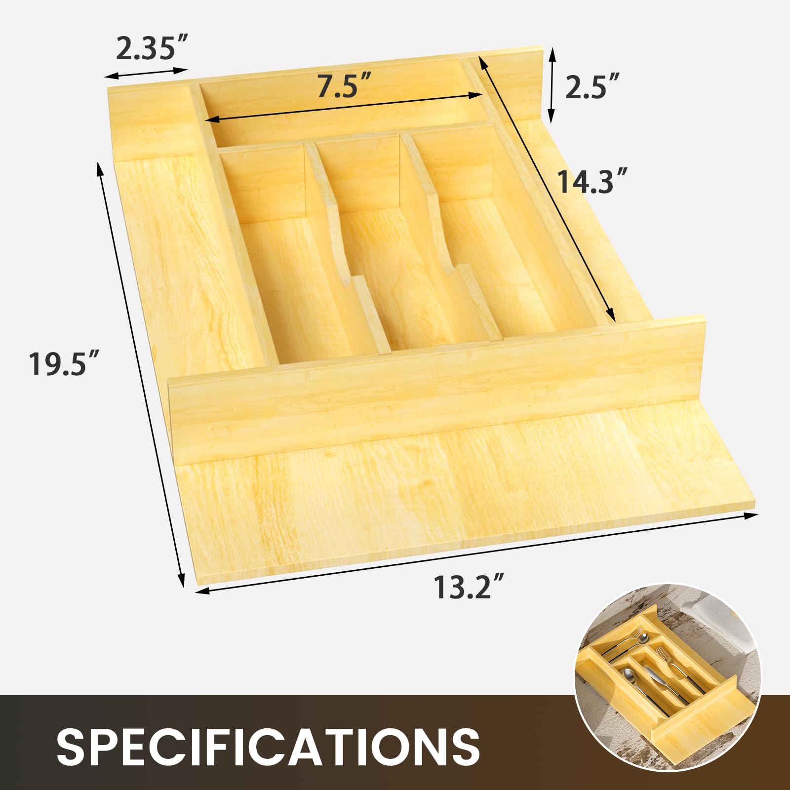 Organizador de cajones de madera con división ajustable para utensilios, cubiertos y cubiertos (33.5 cm de ancho x 49.5 cm de profundidad x 6.3 cm de alto)