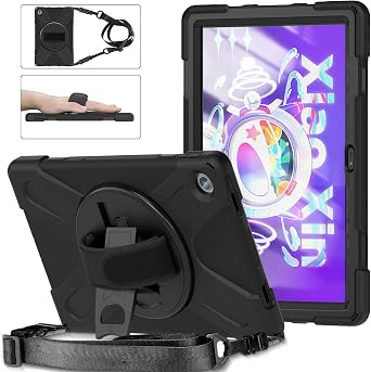 Rugged Case for Lenovo-Tab-M10-Plus 3rd Gen 10.6" 2022 w/Stylus Holder & 360 Rotating Kickstand, Heavy Duty Hybrid Shock-Proof Cover with Hand/Shoulder Strap TB125FU/TB128FU/TB128XU Black