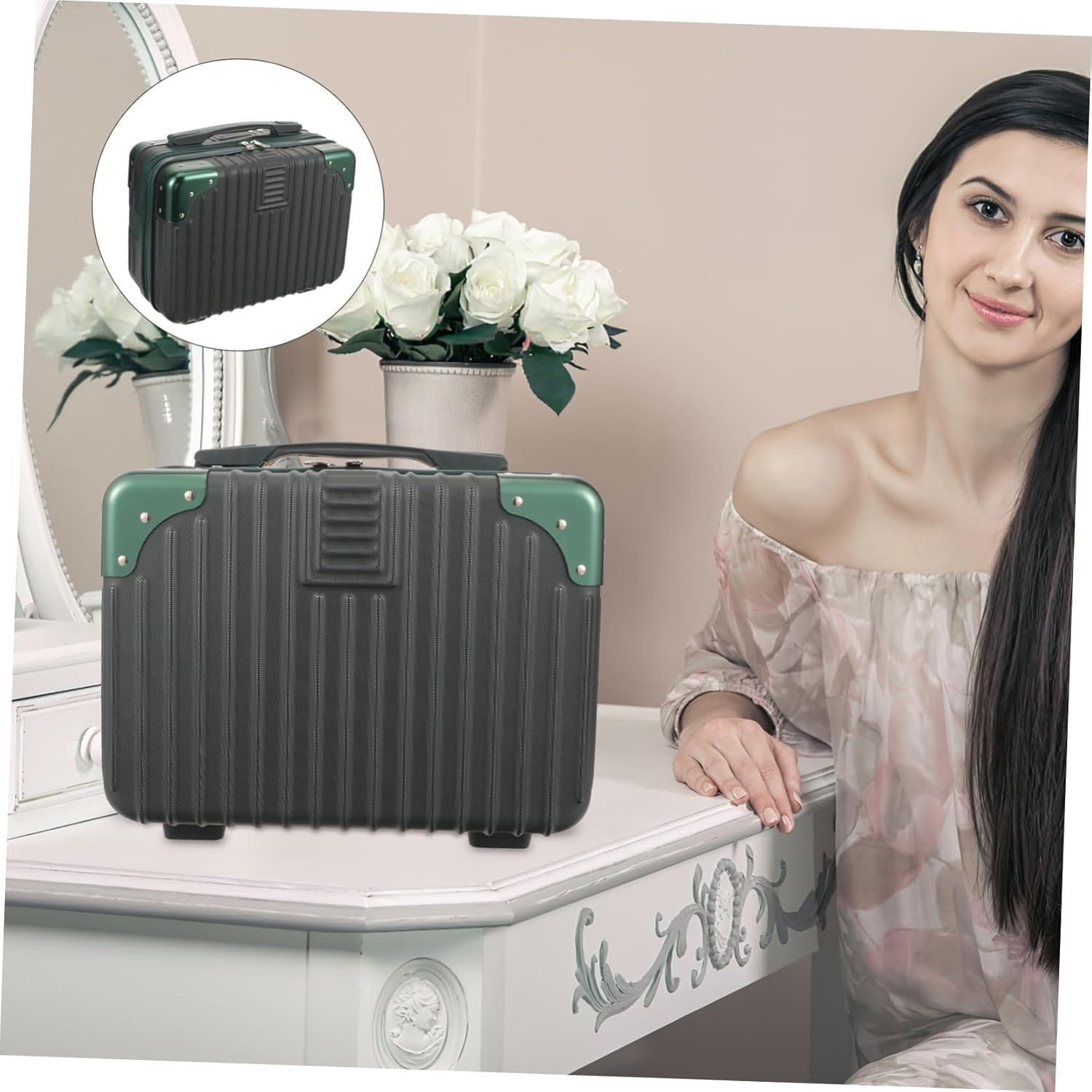 Angoily 14-inch Small Suitcase for Toiletry Makeup Storage Case Durable, Green, 30.5X22.5X15CM