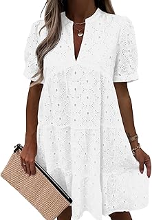 Womens Summer Lace Dresses Eyelet Casual Flowy Babydoll Swing Short Sleeve V Neck Tunic Dress - Buy now