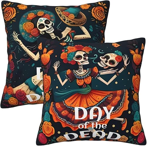 Juego de 2 fundas de almohada de calavera del Día de los Muertos de 18 x 18 pulgadas para almohadas de sofá para decoración mexicana del Día de los