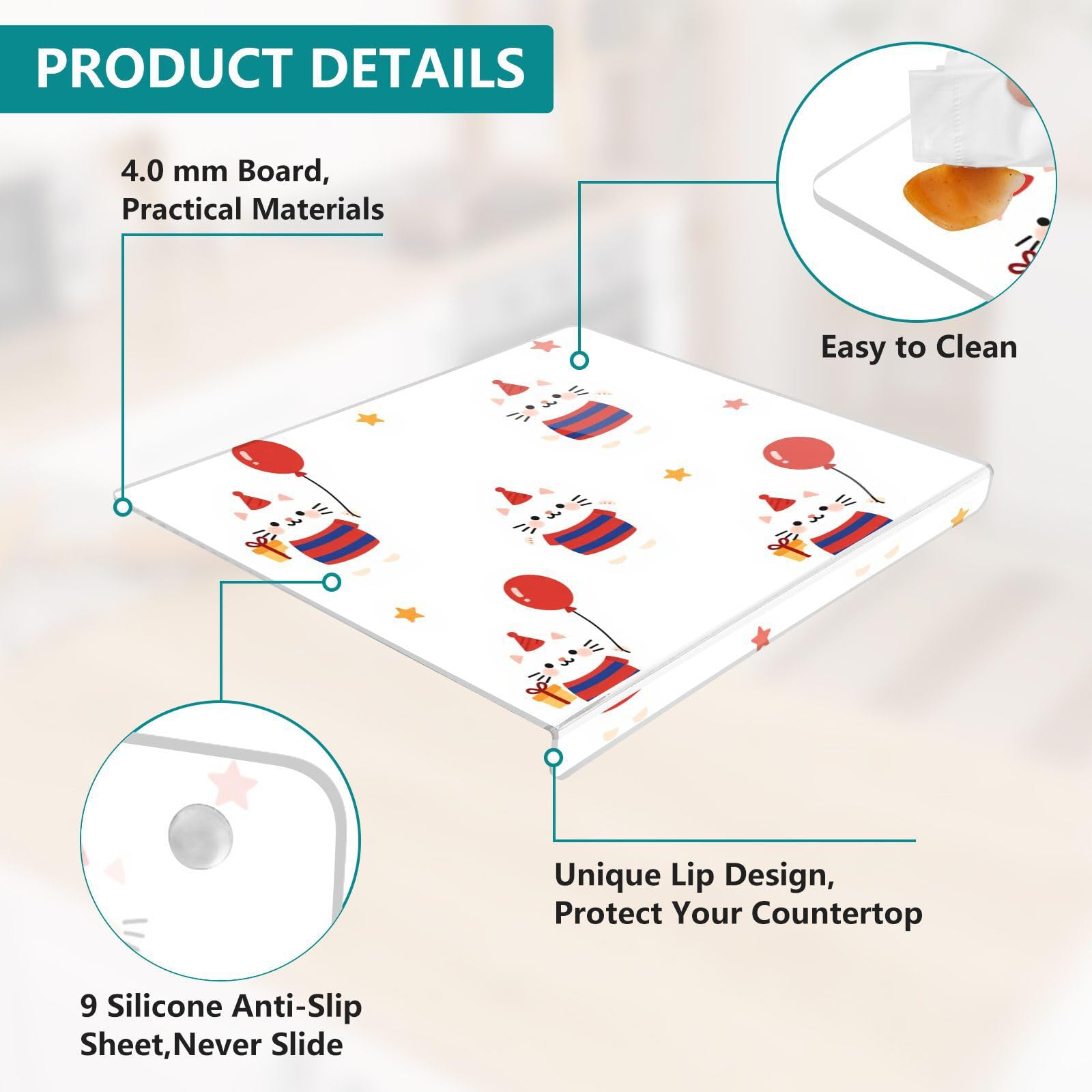 Tabla de cortar acrílica de 34 x 42 x 0,4 cm, borde lateral de 2,5 cm | Almohadillas moldeadas antideslizantes de una sola pieza para decoración de cocina, lindo payaso, gato, circo