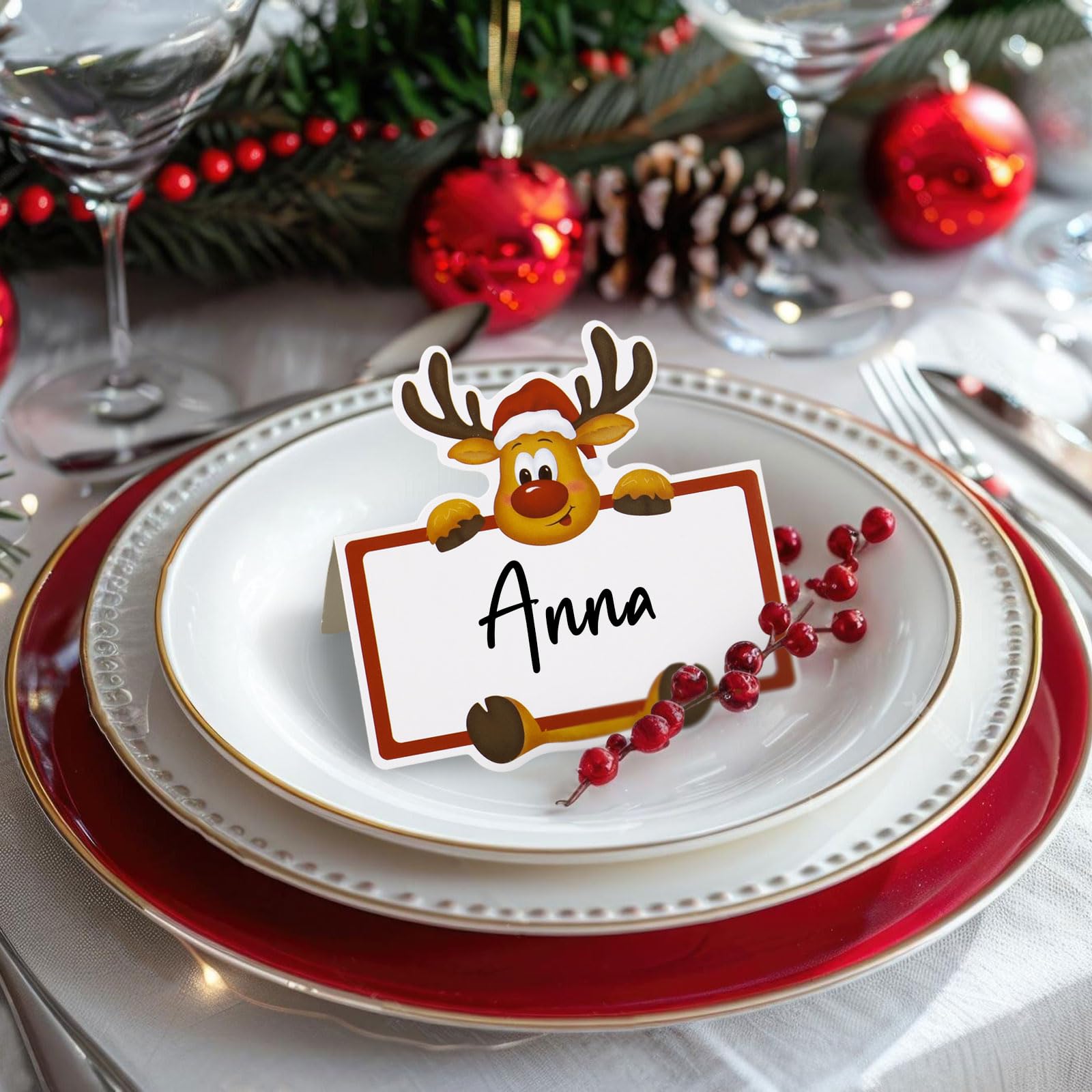 50 Segnaposto Per Tavolo Di Natale Con Renne - Carte Rosse, Bianche E Marroni, 8.5x5.5 Cm, Per Decorazione Feste