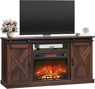 WLIVE Farmhouse Electric Fireplace TV Stand for TVs up to 65", Entertainment Center with Sliding X-Shaped Barn Door & Storage Cabinet, Media TV Console with 23" Fireplace for All Seasons, Brown