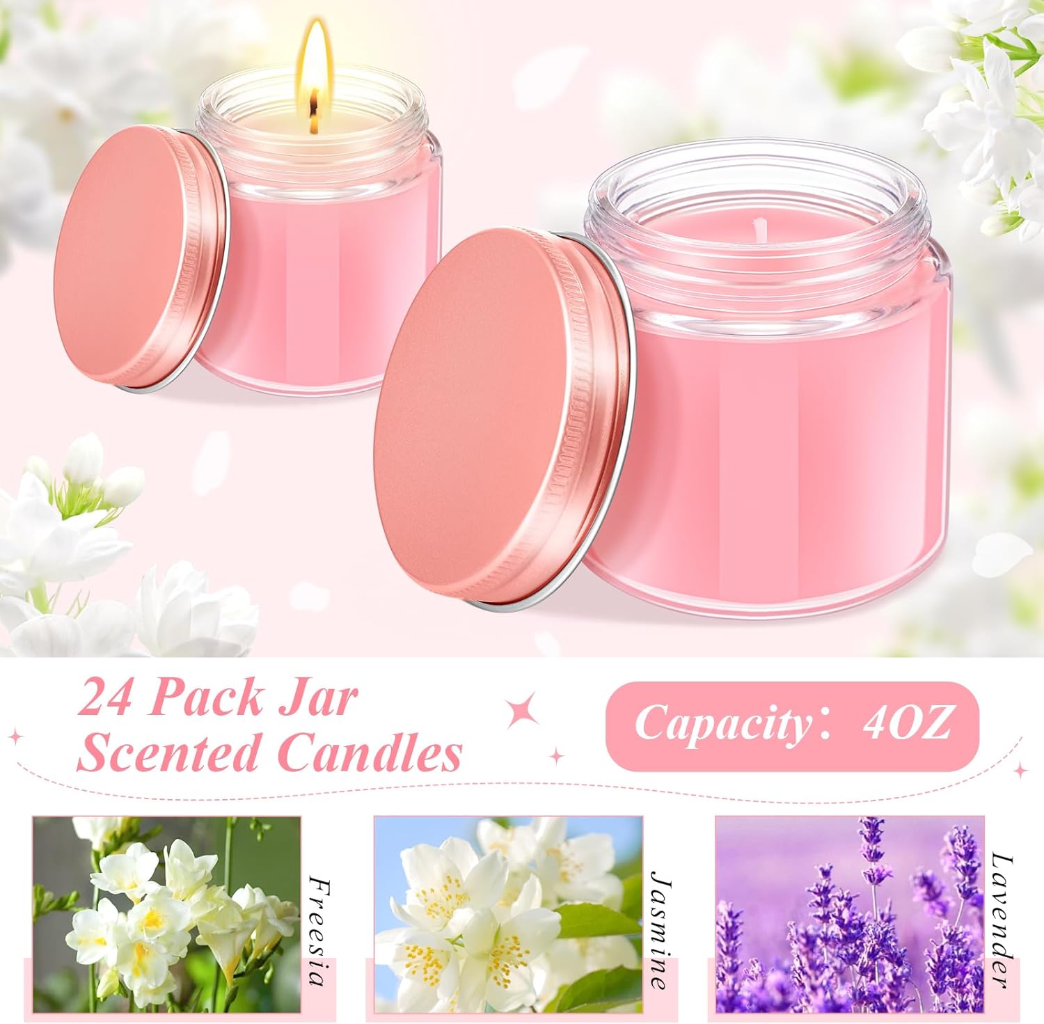 24 Pcs Mini Mason Jar Candles Bulk 4 oz Scented Wax Candles Gift Small Soy Scented with Lid Decoration for Wedding Birthday Baby Shower, Freesia, Jasmine, Lavender(Pink)