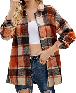 MKIUHNJ Women's Fitted Coat Women's Loose Blouse Fashion Thick Checked Printed Shirt Long Sleeve Casual Jacket Button Coat Short Women's Wool