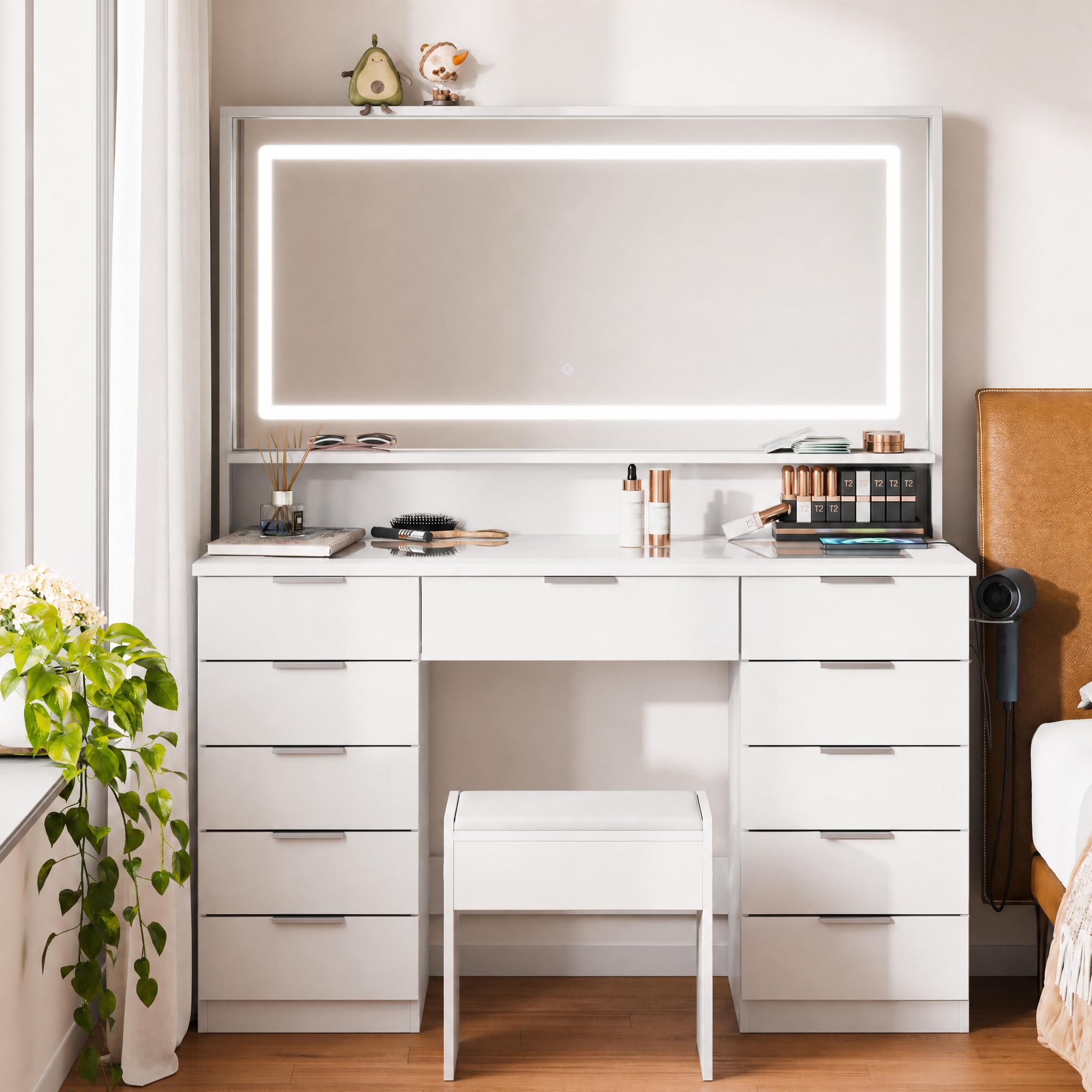 Mondeer Coiffeuse avec Miroir et Tabouret, LED Maquillage Luminosité Réglable avec Plateau en Verre et 11 Tiroirs, Coiffeuse Moderne avec Prise, pour Chambre à Coucher, Blanc
