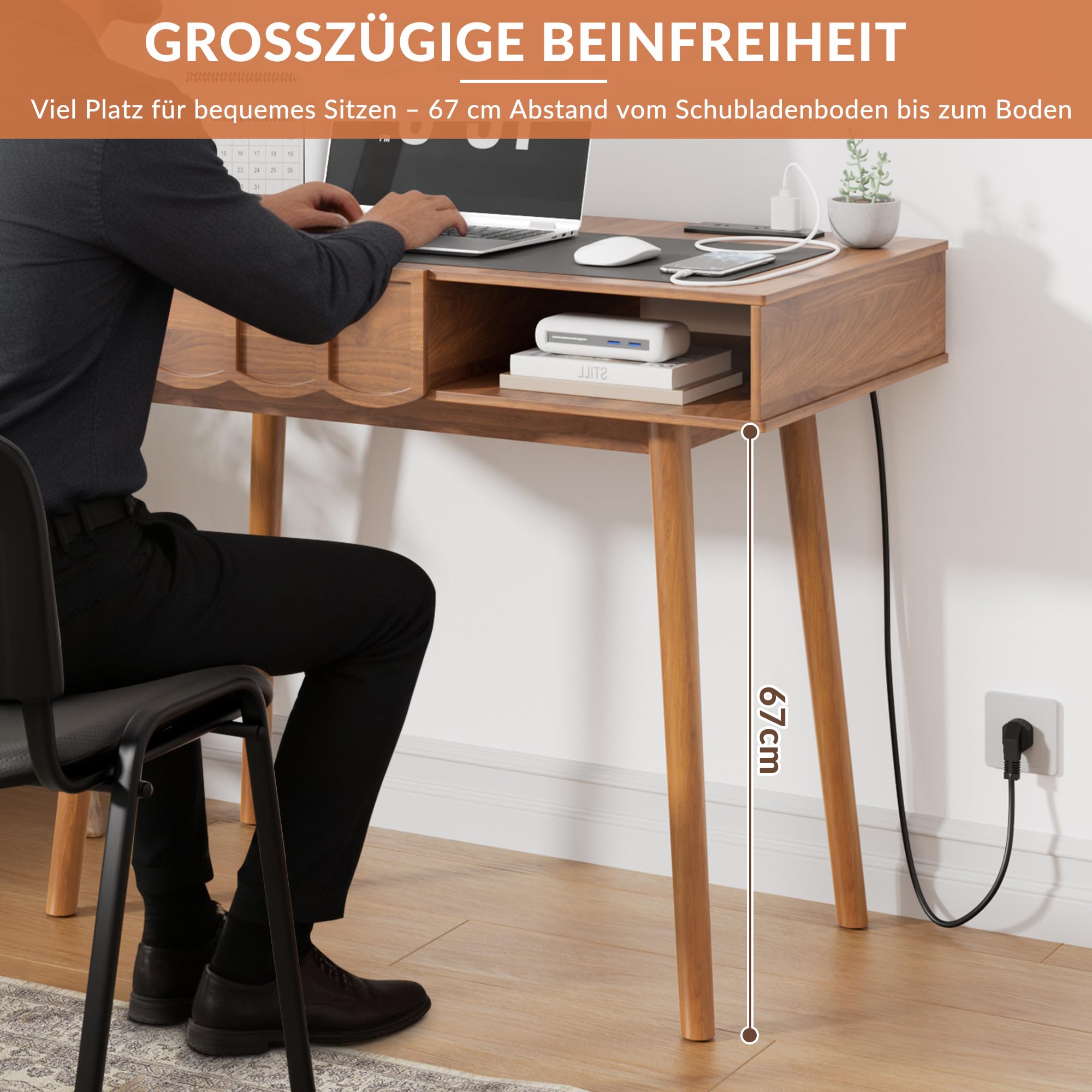 Escritorio Madera con Enchufes USB, 109x51x76cm, 40L Almacenamiento, Nogal Impermeable, para Oficina, Dormitorio, Mesita de Maquillaje，Cable de Alimentación， Mid-Century Modern