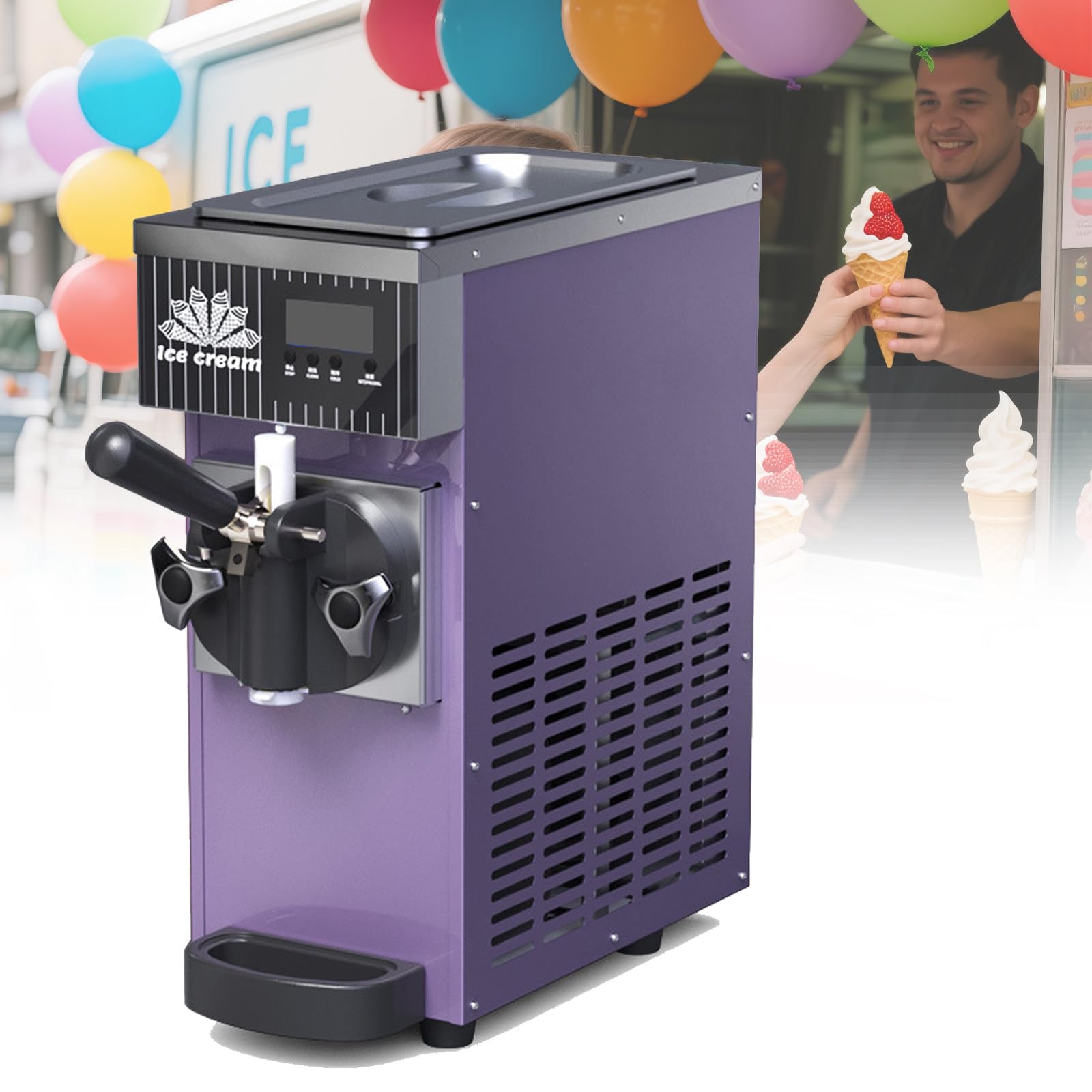 Macchina Gelato Soft Commerciale 450W 1 Gusto, Macchina da Banco, 4-8kg/H, Tramoggia 2,5L, Display LCD, Autopulizia, per Ristoranti e Gelaterie Purple-220V