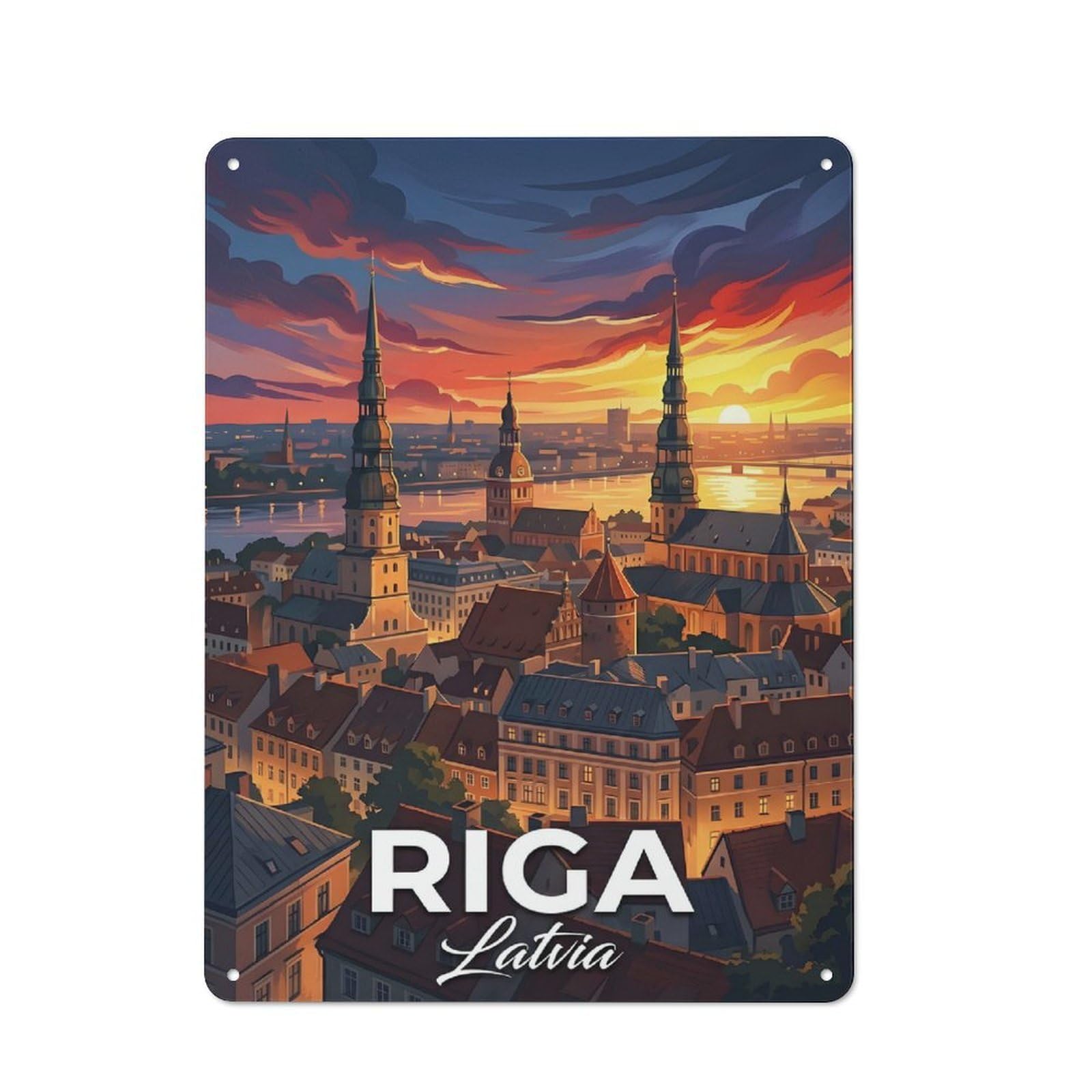 Junmoney Style Riga, Latvia Sunset Cityscape Distressed Look Metal Wall Decor 40X30cm, Vintage Tin Sign For Living Room, Hallway, Kitchen Or Cafe