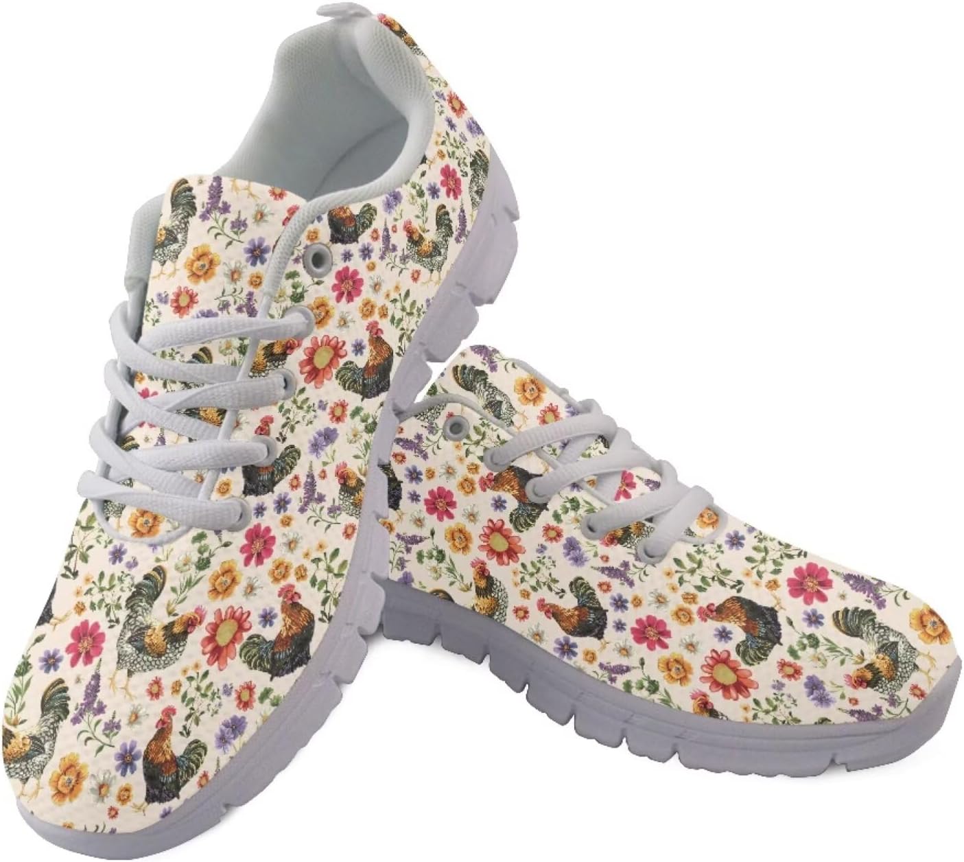 Jeiento Women's Shoes Cartoon Rooster Athletic Fashion Sneakers Lace-Up Walking Shoes Mesh Breathable Flat Low Top Comfortable Footwear