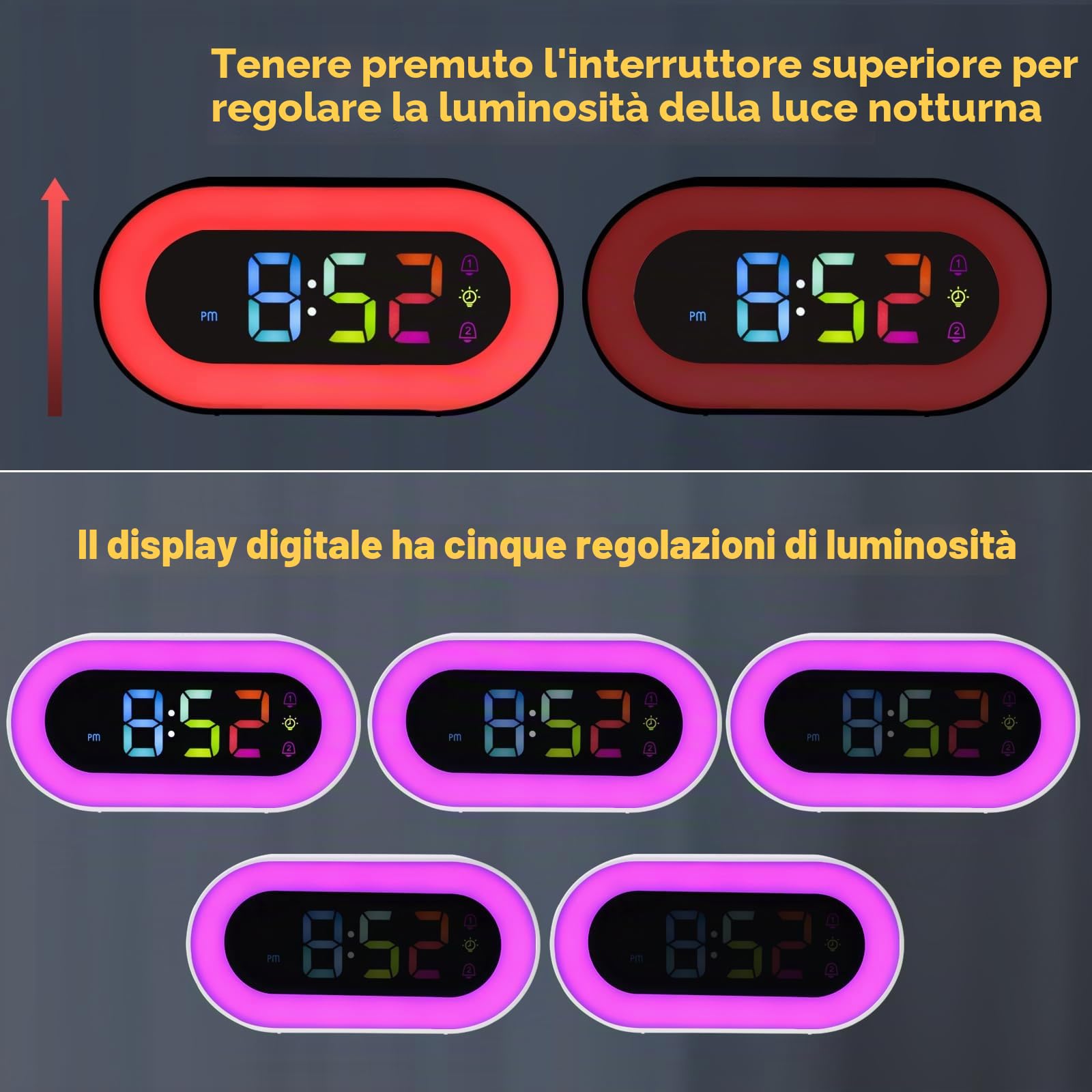 Seutgjie Sveglia Bambina, Sveglia Digitale da Comodino con Batteria USB Ricaricabile 2500mAh 9 RGB Luce Notturna Doppi Allarmi 18 Suonerie Modalità Snooze 12/24 ore Regalo Natale