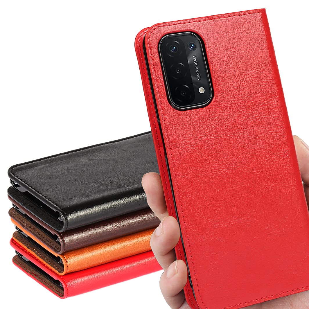 Oppo A54 5G ケース 手帳型 ケース A54 5G SIMフリー ケース OPG02 ケース au & UQ mobile対応 オッポ A54 5G カバー A545Gケース oppoA54 OPG02 カバー スマホケース a54 5g ケース 手帳型 適用 【iCoverCase】 マグネットなし レトロ スタンド機能 手作り 光沢加工 牛革 スマホケース 財布型 携帯カバー カード入れ 耐久性 摩擦耐性 スマホケース レッド