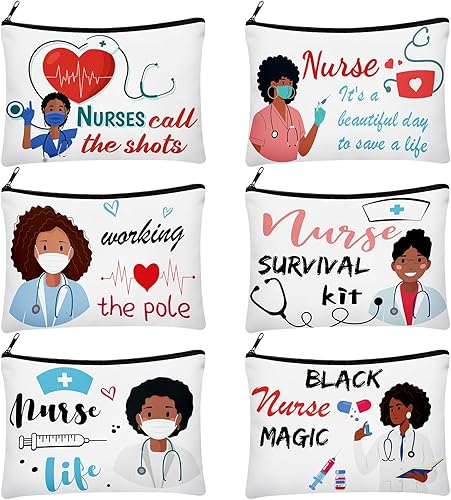 Layhit Bolsa de maquillaje negra para enfermera, 6 unidades, de lona, regalo de enfermera afroamericana, bolsa de maquillaje de viaje, kit de