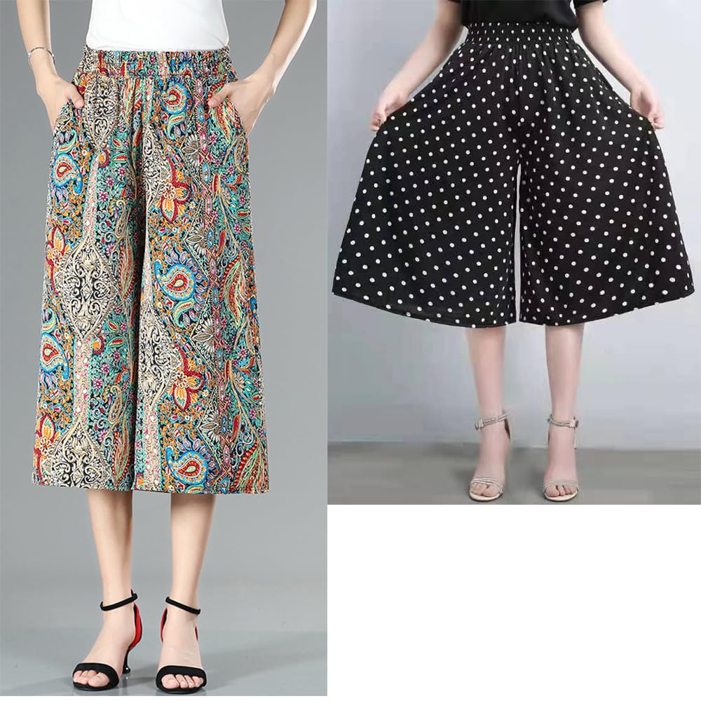 VNDUIFH Rsvelte Pantaloni Gonna,Culotte a Gamba Larga in Chiffon Pieghettato in Vita Alta Elastica da Donna,Culotte a Vita Alta al Ginocchio