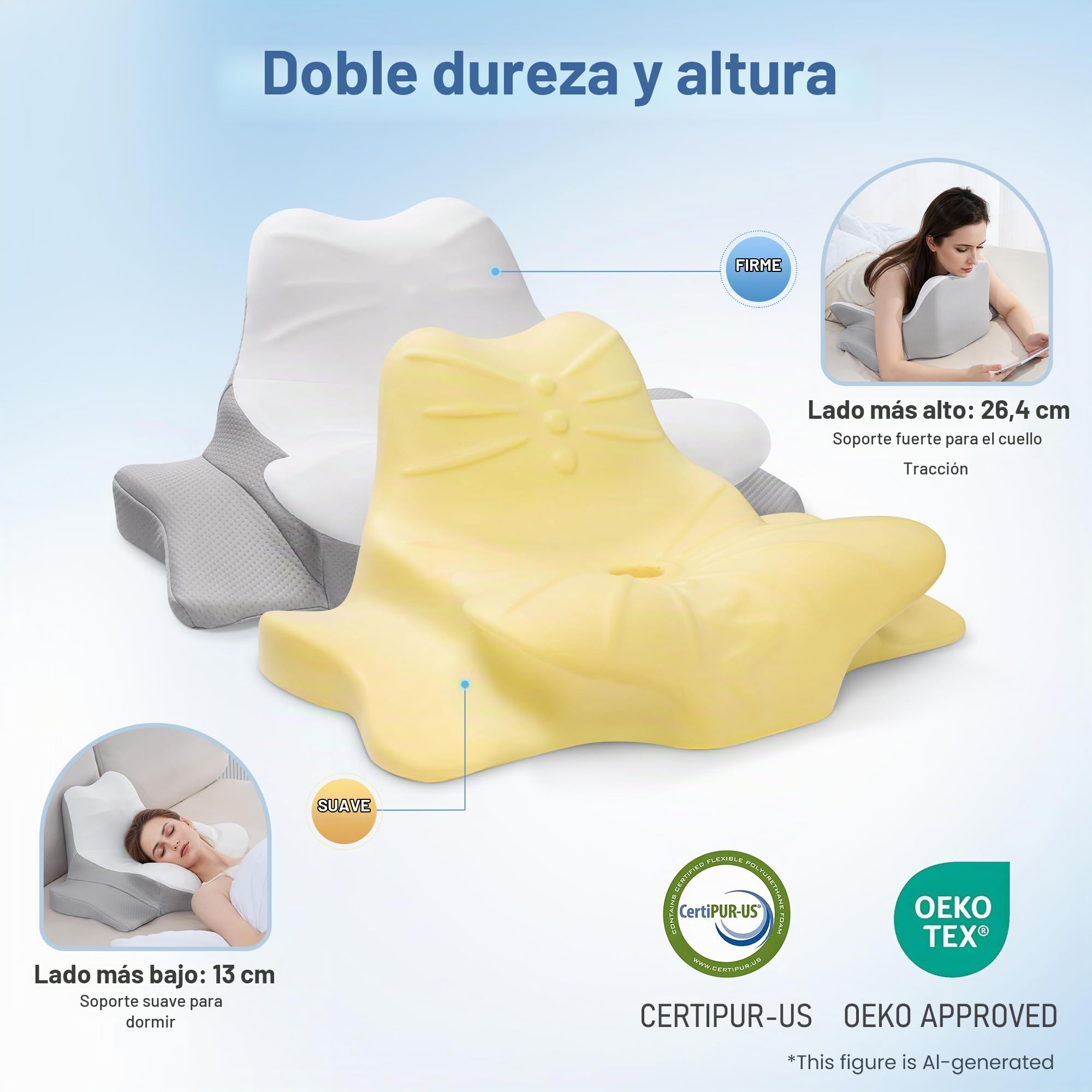 Careboda Almohada Multifunción Ergonómica Espuma Viscoelástica | Almohada ergonómica espuma viscoelástica, todas las posturas, alivia presión cervical, transpirable.
