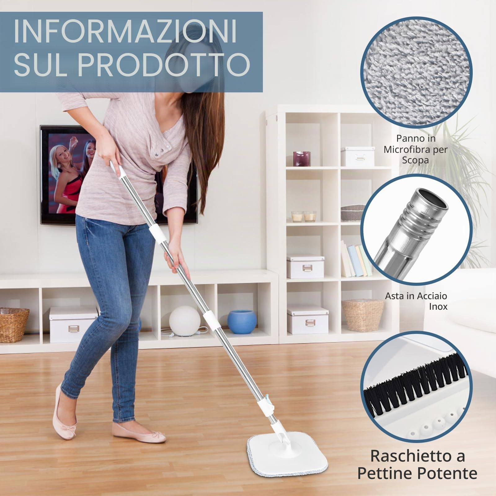 Mocio Lavapavimenti 130cm,con Secchio, 2-in-1 Filtraggio Separa lo Sporco Dall'acqua Dolce, Mocio Pavimenti Autostrizzante Rotante, con 2 Ricambio Mocio Microfibra