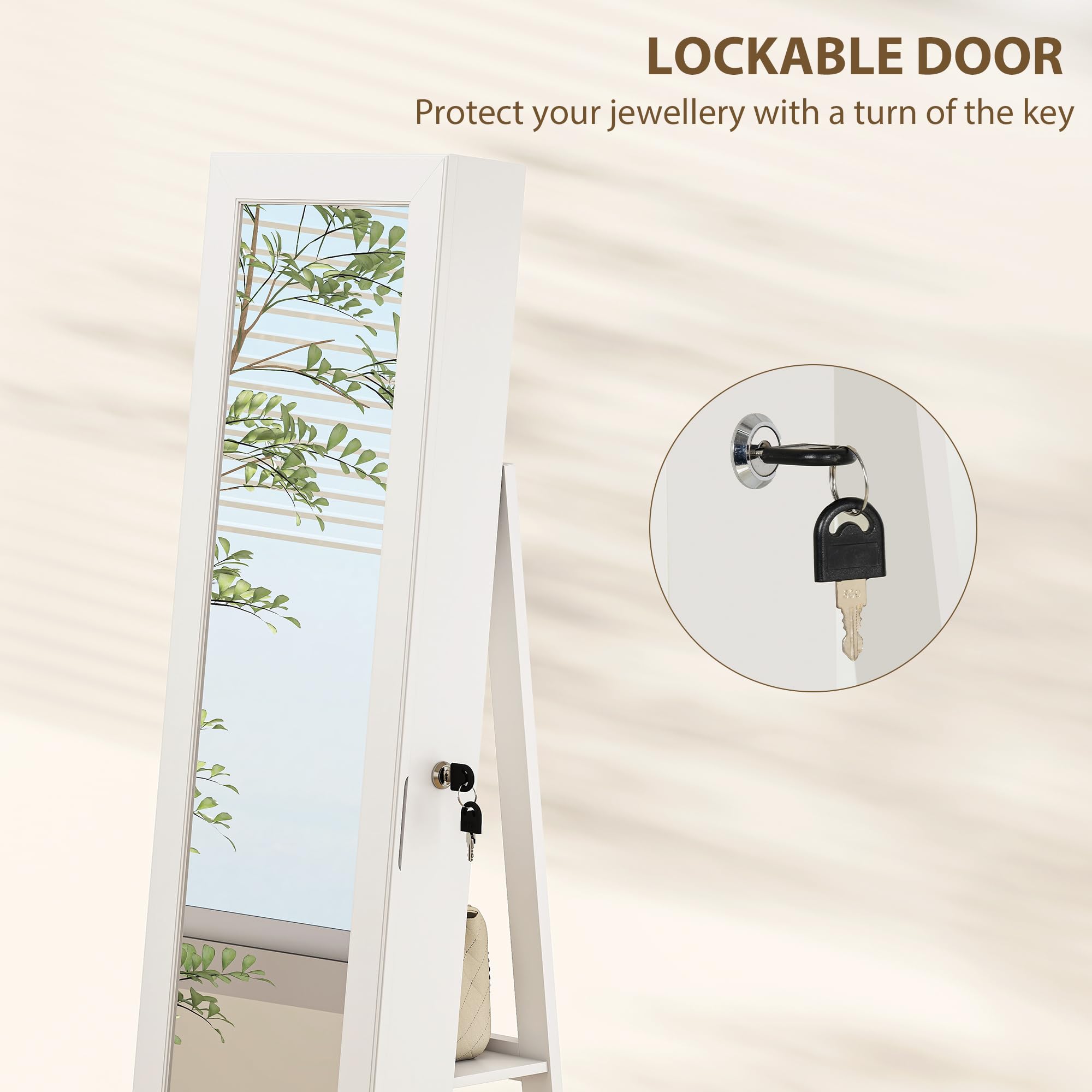 HOMCOM Espejo giratorio 360° para joyería, armario con cerradura y llave, espejo de cuerpo entero con 3 estantes detrás y 2 cajones, 55x55x161 cm, blanco | Armario joyero, cierre con llave, espejo de figura completa, 3 estantes en la parte posterior, 2 ca