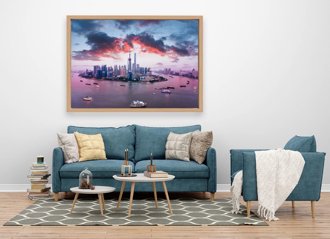 VERRE ART Wooden Floater Framed Canvas - Wall Decor for Living Room, Bedroom, Office, Hotels, Drawing Room (60in X45in) - Shanghai Skyline & Huangpu River