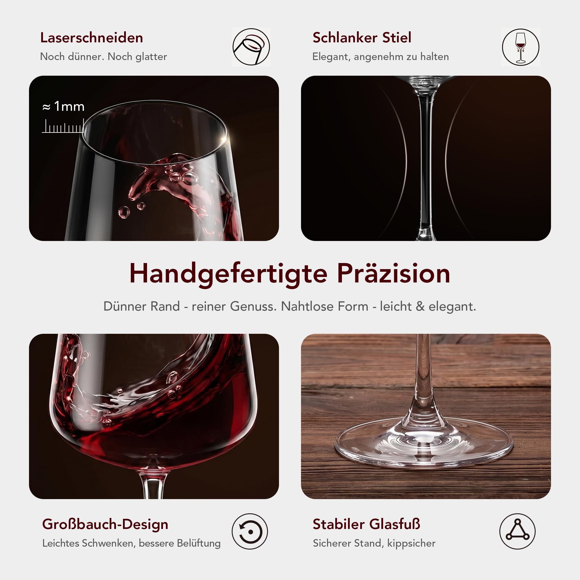 GENICOOK Rotweingläser 6er Set 530 ml – Mundgeblasene Kristallglas Weingläser, bleifrei & spülmaschinenfest, dünnrandig mit langem Stiel – elegante Weinkelche für Rotwein, Weißwein & Geschenkidee