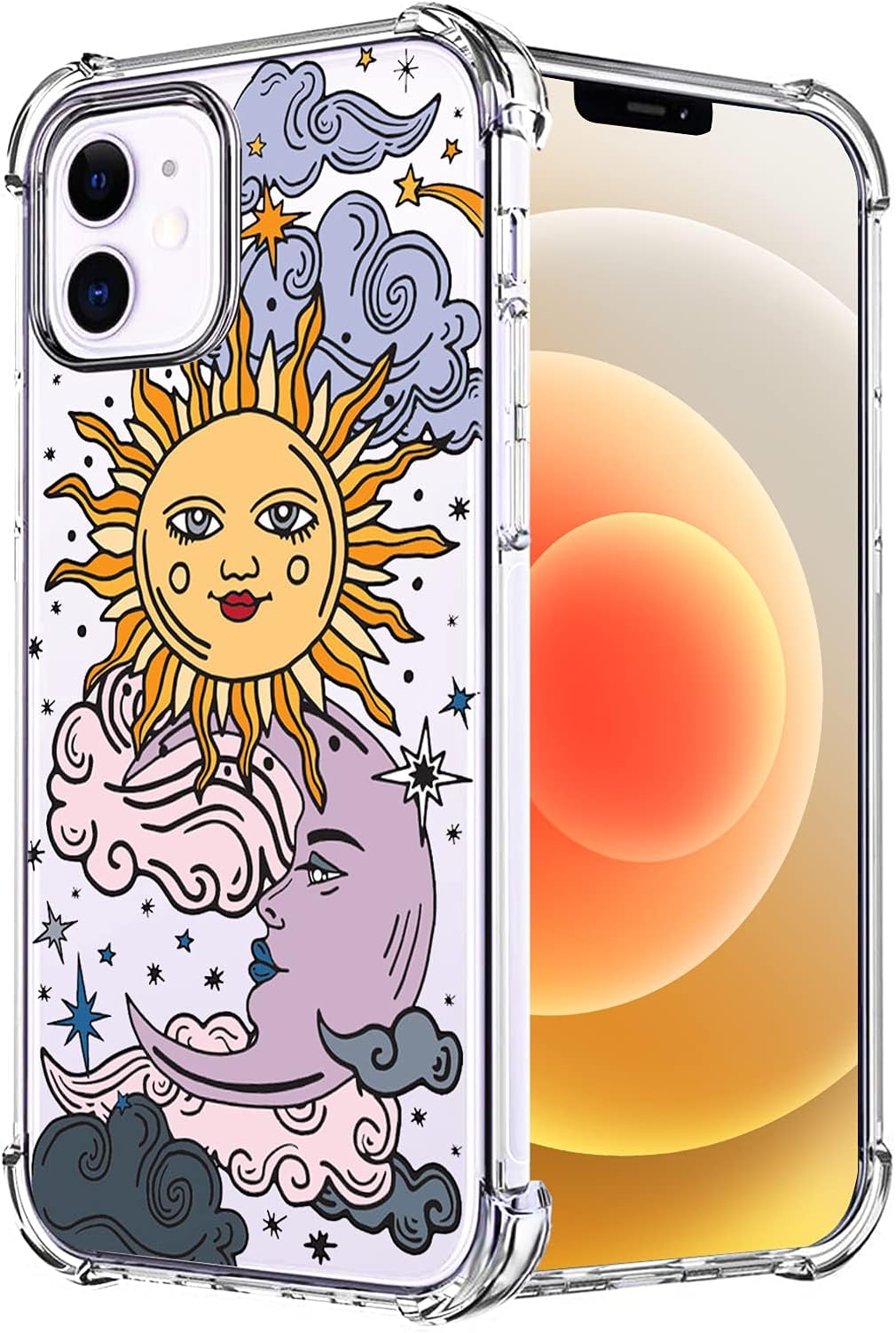 Sun Moon Design Clear Case Compatible for iPhone 12 and 12 Pro, Star Cloud Girls and Women Back Case Cover, Cute Cartoons Transparent Soft TPU Bumper Shockproof Protective Phone Case
