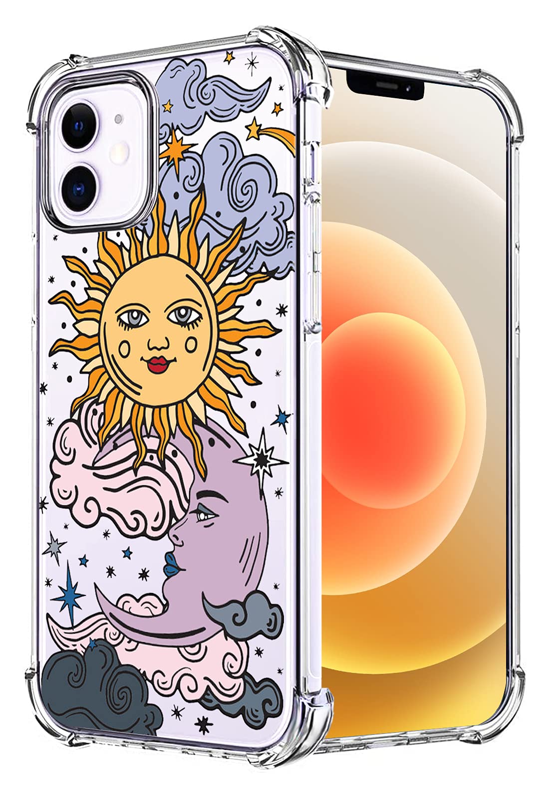 HEYORUNSun Moon Design Clear Case Compatible for iPhone 12 and 12 Pro, Star Cloud Girls and Women Back Case Cover, Cute Cartoons Transparent Soft TPU Bumper Shockproof Protective Phone Case