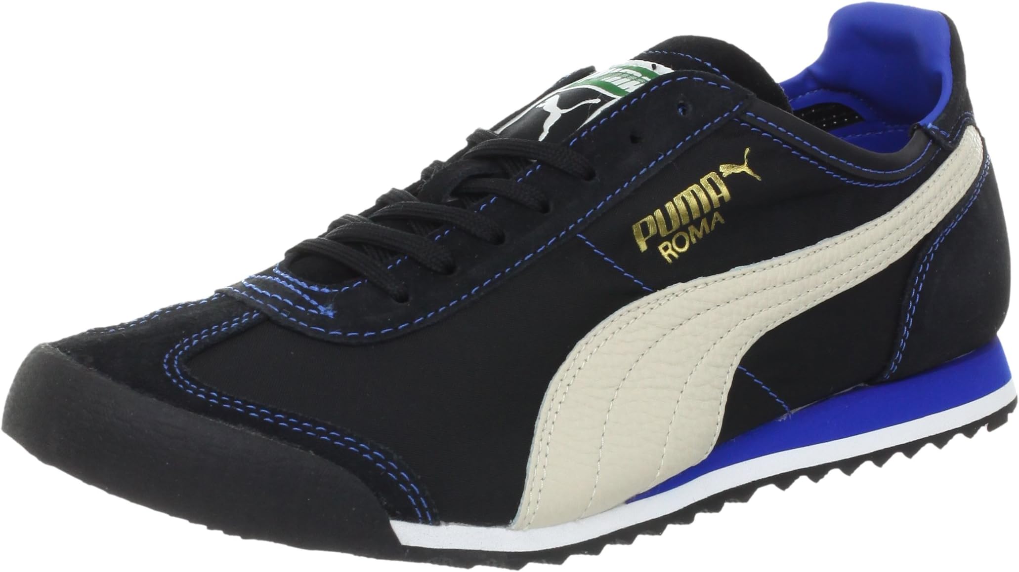 PUMA Roma Slim Nylon Sneaker,Black/White Swan/Snorkel Blue,13 D US Men's/14.5 D US Women's