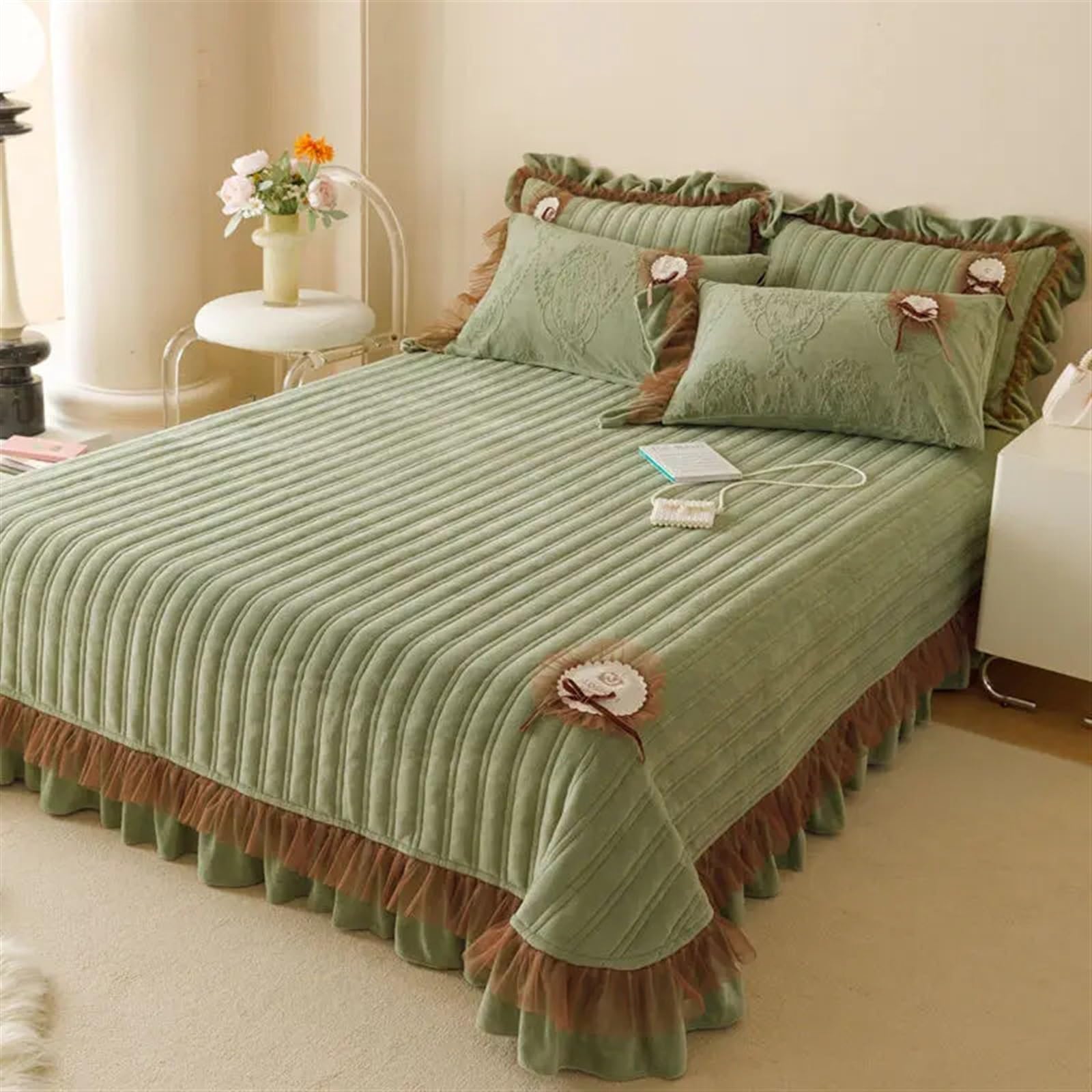 Juego de Falda de Cama Acolchada, colchas cálidas, Fundas de colchón de Invierno, Protector elástico, colchones, Fundas de Almohada, 3 uds.(Purple,270x270cm)