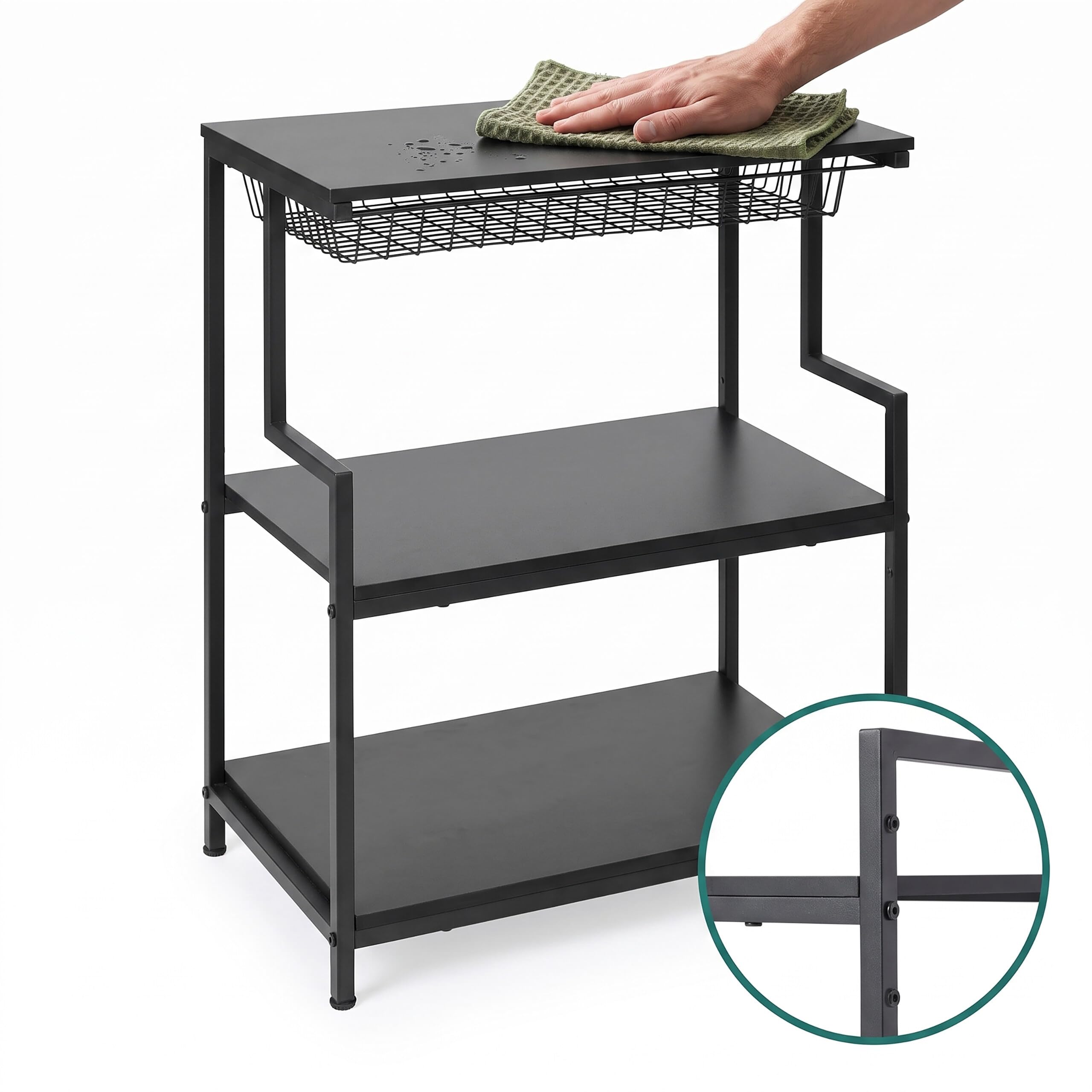 Relaxdays, scaffale per stampante, 3 ripiani, cassetto in metallo, nero