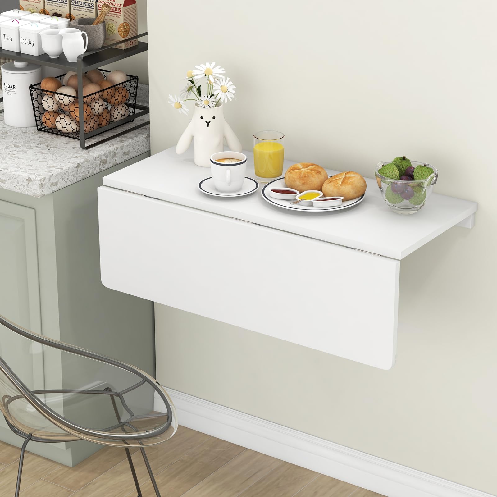 GYMAX Tavolo a Parete Pieghevole Galleggiante, Scrivania a Scomparsa per Spazi Ridotti Salvaspazio, per Ufficio Domestico, Sala da Pranzo, Studio, 80 x 60 x 45 cm (Bianco)