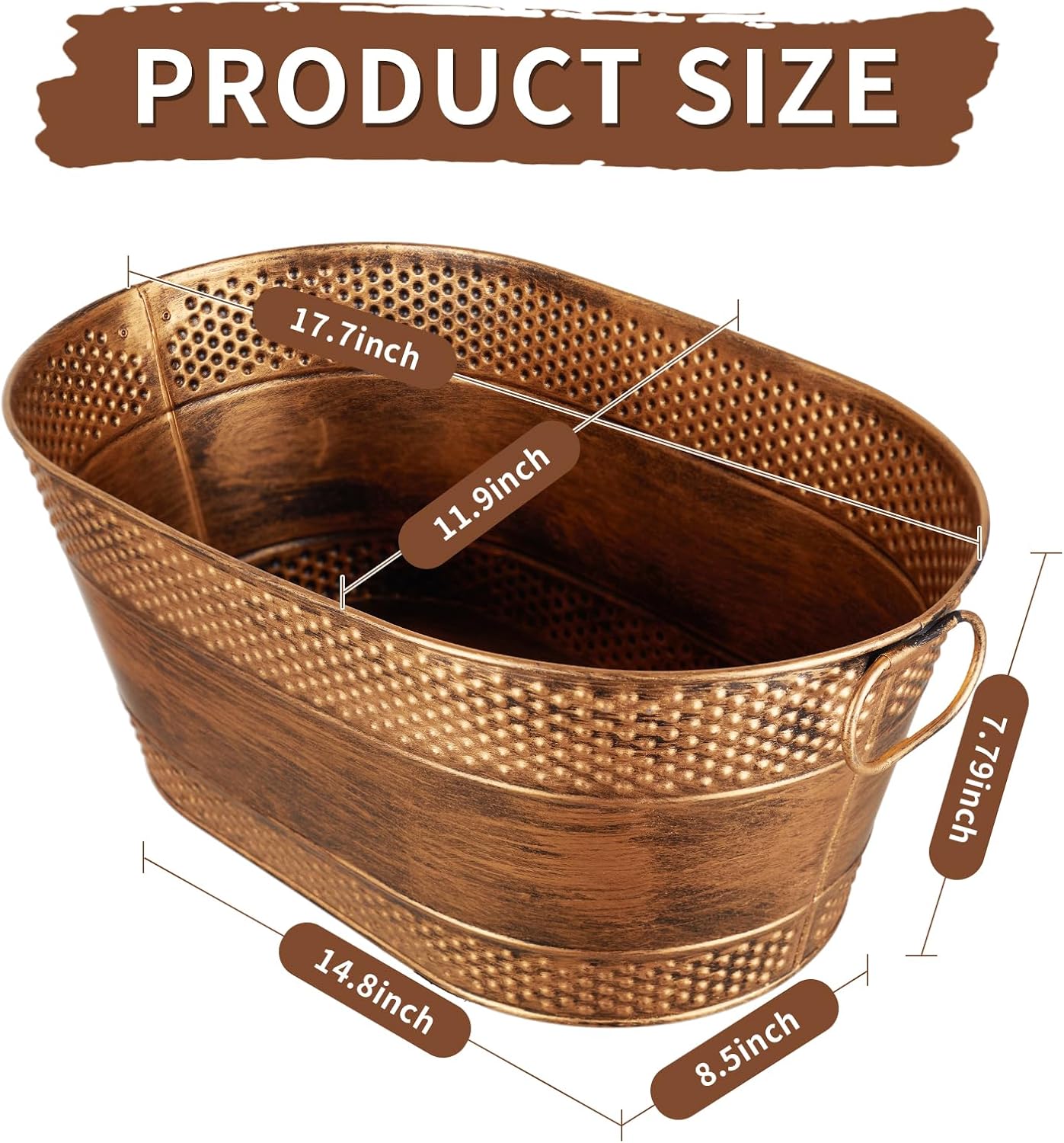 4 Gallon Galvanized Beverage Tub, 2 Pcs Heavy-Duty Copper Ice Buckets Large Galvanized Drink Buckets Oval Metal Beverage Ice Tub with Handles for Catering Bars Parties