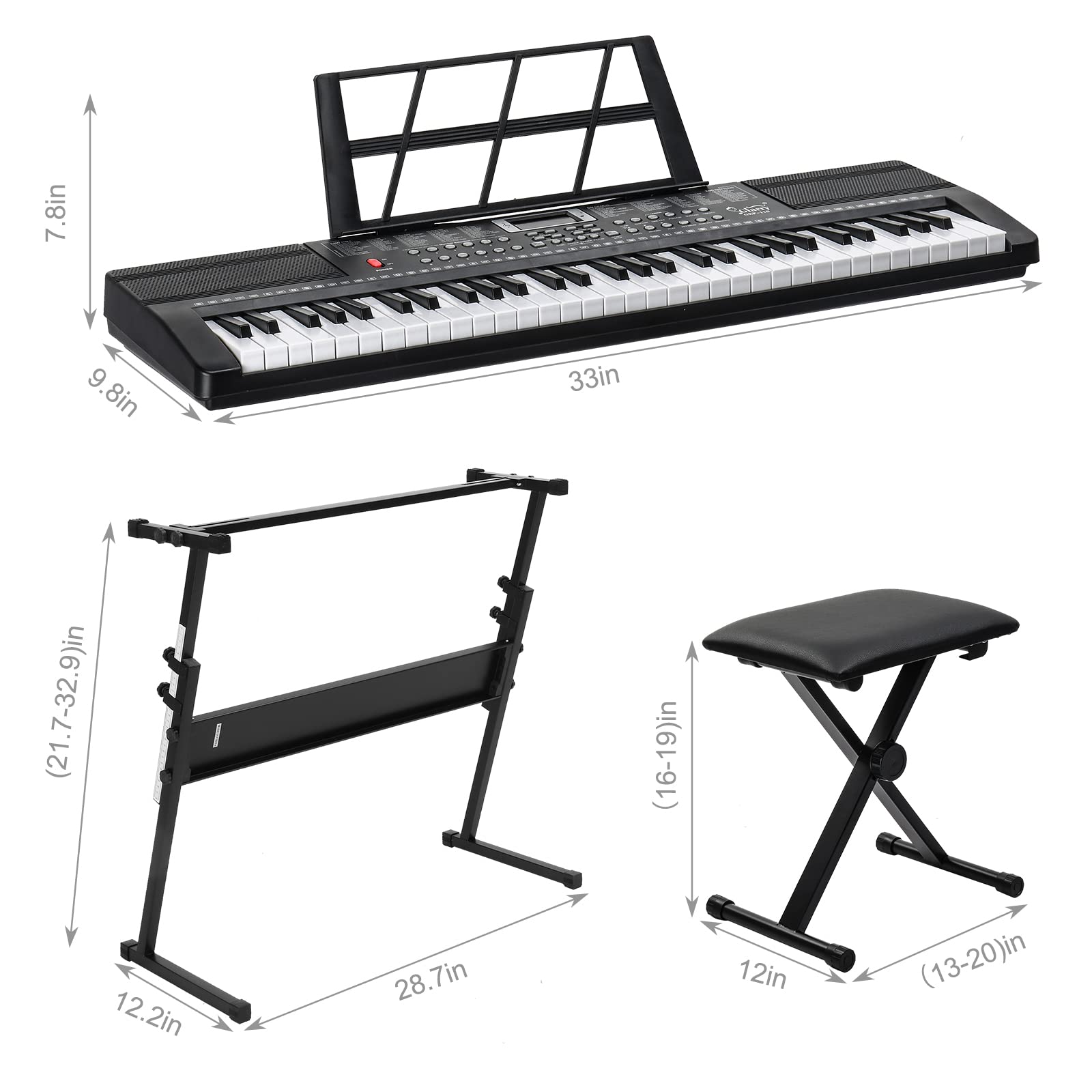 LALAHO Clavier Piano 61 Touches avec Support de Clavier, Banc de Piano, Piano Numérique avec Casque, Pupitre, Microphone, Écran LED, pour Débutants (Noir)