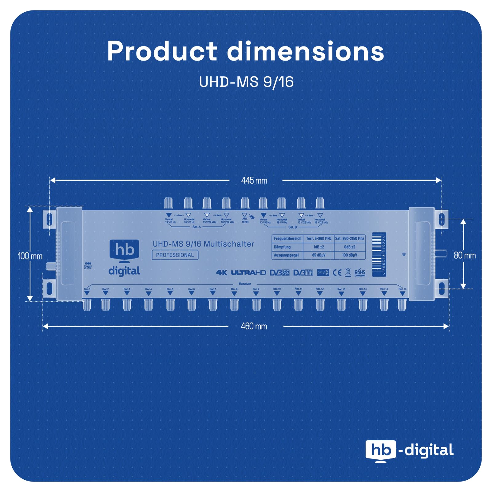 Quattro LNB di alta qualità + commutatore pmse 9/16 HB-DIGITAL 2 X SAT fino a 16 X partecipanti/ricevitore per Full HDTV 3D 4K UHD con alimentatore di rete + 40 connettori F dorati inclusi
