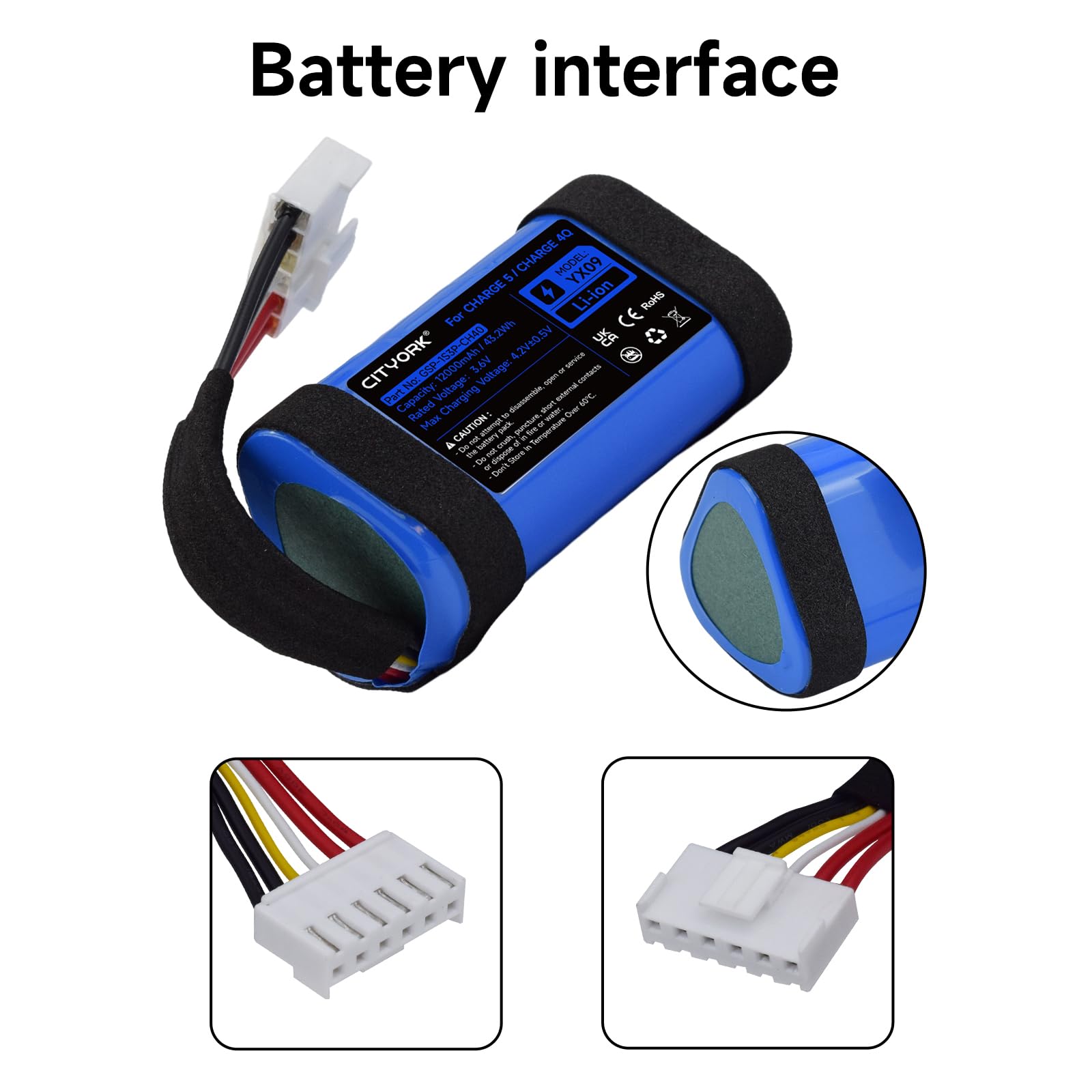 CITYORK Batterie de rechange Li-ion 3,6 V 12000 mAh pour JBL Charge 5/Charge 4Q GSP-1S3P-CH40, GSP-1S3P-CH4A (non compatible avec Charge 4)