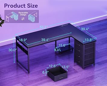 AODK 53 L Shaped Gaming Desk with 4 Drawers and Power Outlets, Black
