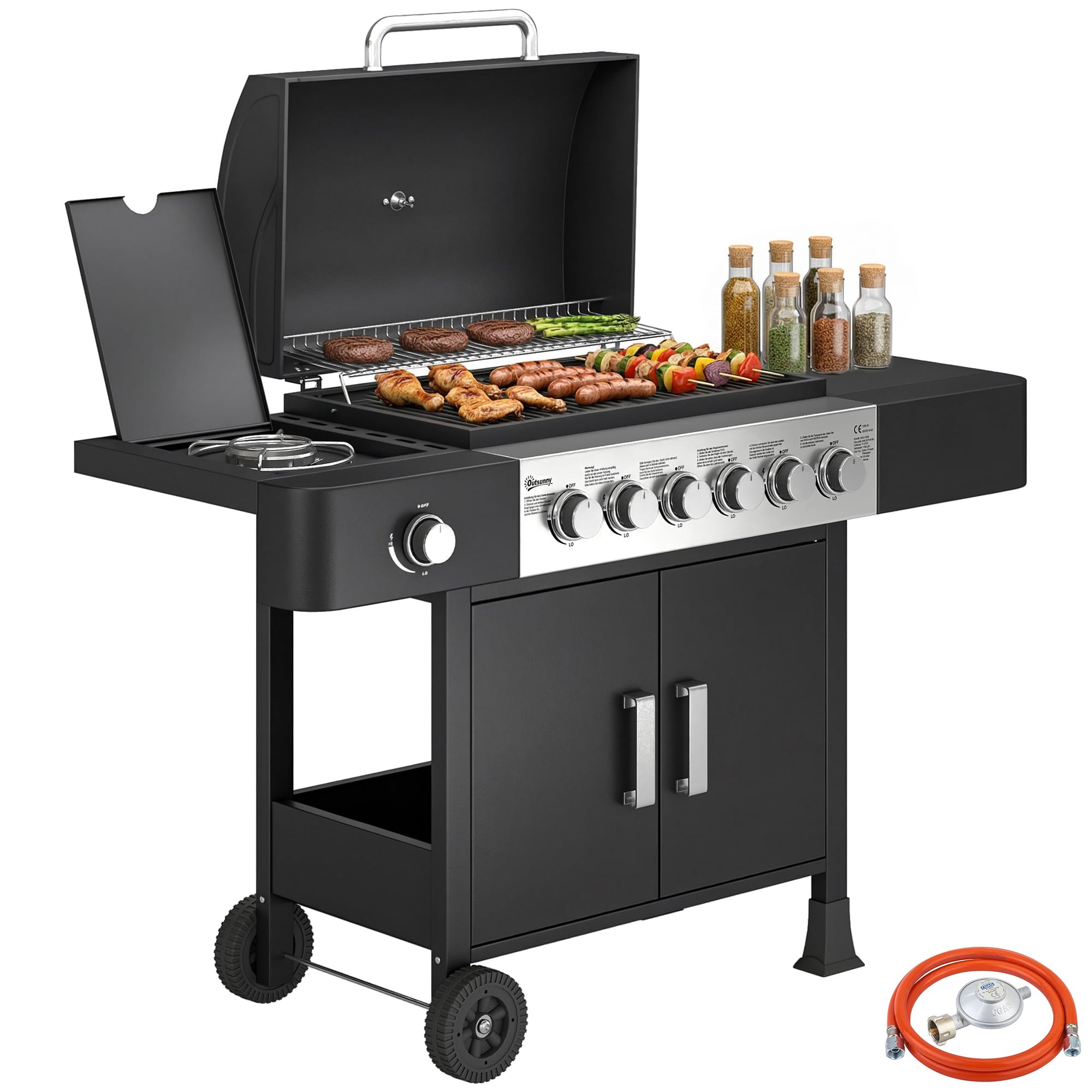 Outsunny Gasgrill 17,8 KW 6+1 Brenner BBQ Grillwagen aus Edelstahl inkl Rolle Seitenbrenner Thermometer Emaille-Grillrost Warmhalterost Seitentisch Unterschrank, Gas-Grill für Balkon BBQ Party