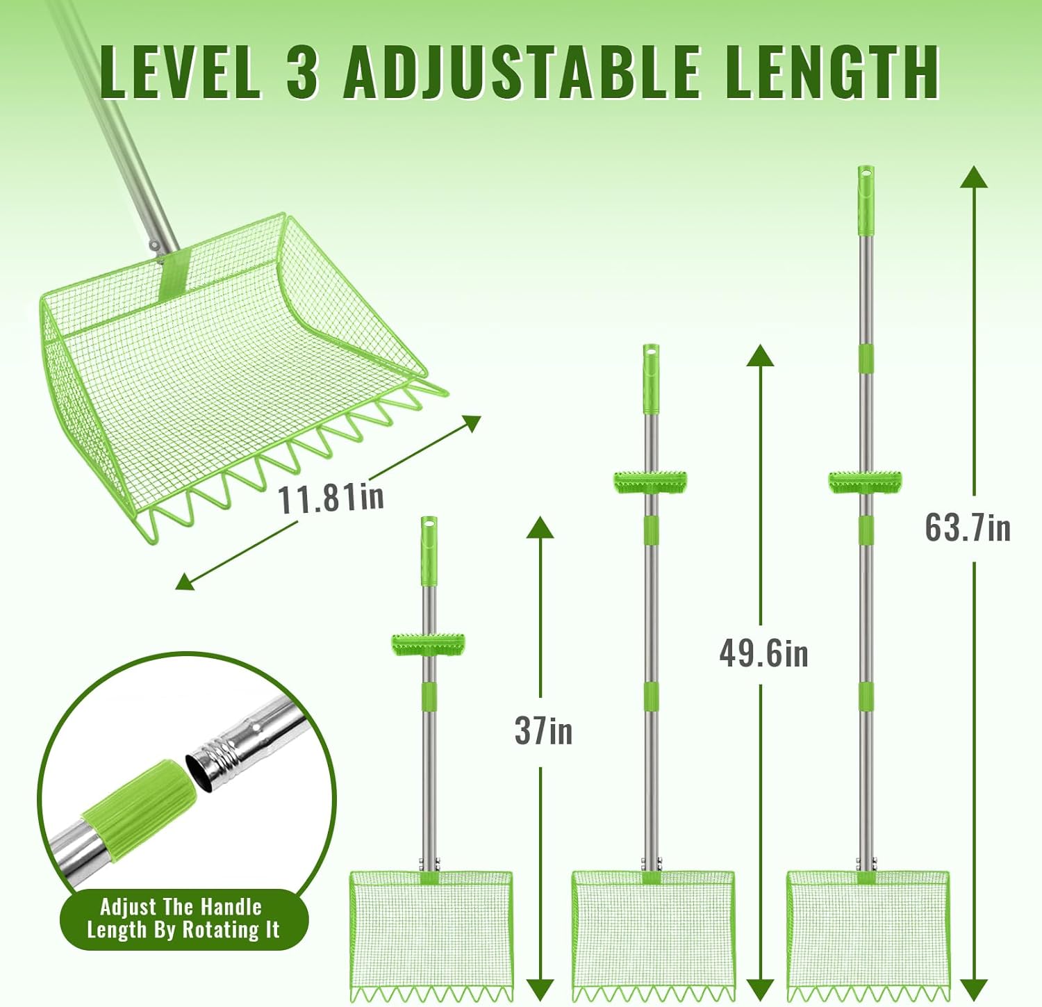 2-in-1 Chicken Coop Scooper: Extra Large 12” Poop Scooper & Rake with Adjustable Handle (37”-65”) | Heavy-Duty Metal Shovel for Quick Pet Waste, Rabbit, Guinea, Barn Cleaning | US Patent Pending,Green