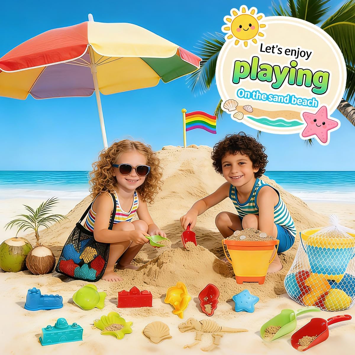 Foldable Beach Bucket and Shovel Set for Kids, 20PCS Sand Toys with Sand Molds (Castle, Dinosaur, Sea Animal) & Mesh Bag, Toddler Collapsible Outdoor Sand Toys for Beach, Sandbox, Pool, Summer Gift